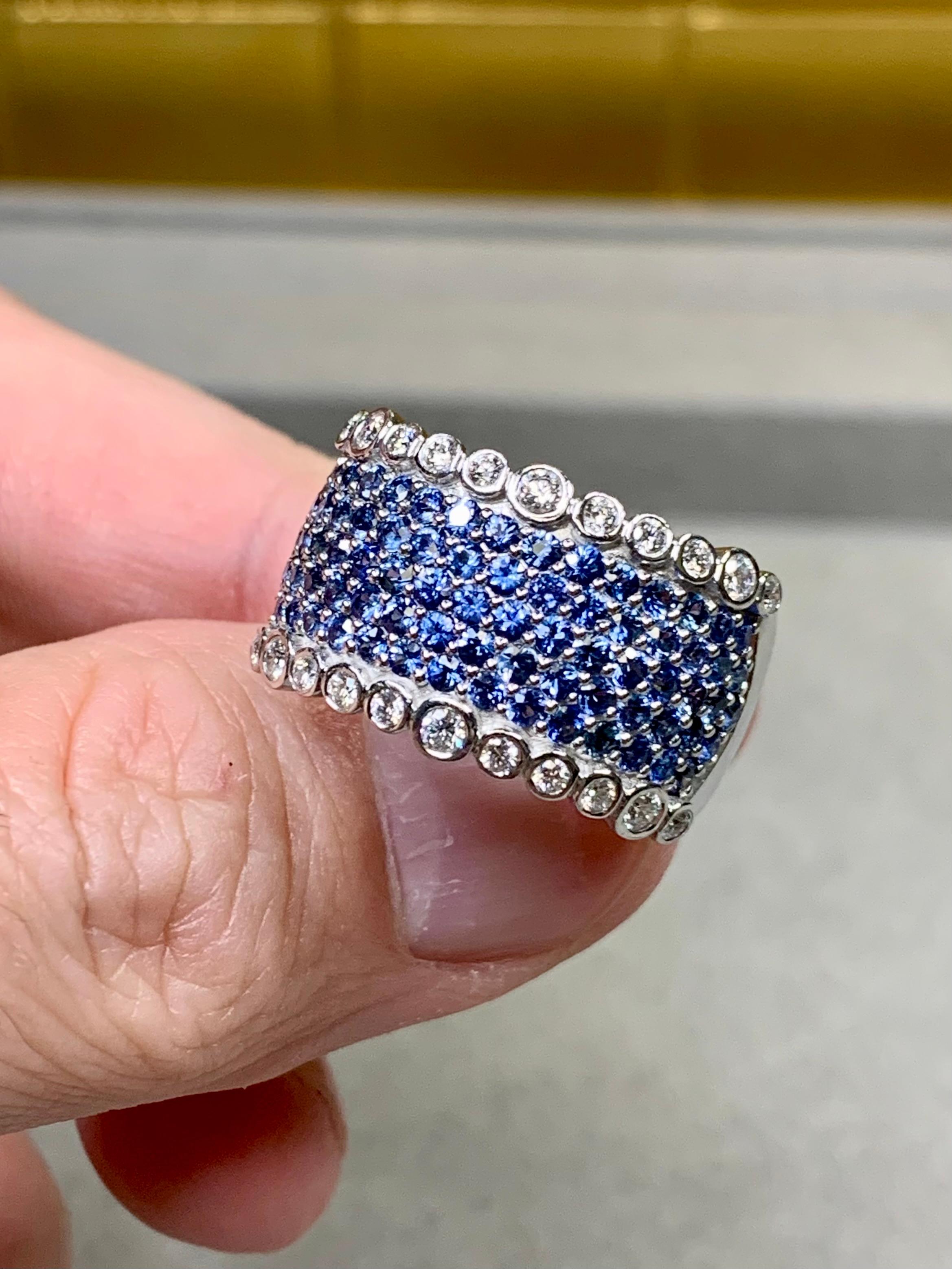 LeVian 14K White Gold Sapphire Diamond Wide Band Bubble Cocktail Ring 4.50ctw In Good Condition For Sale In Winter Springs, FL