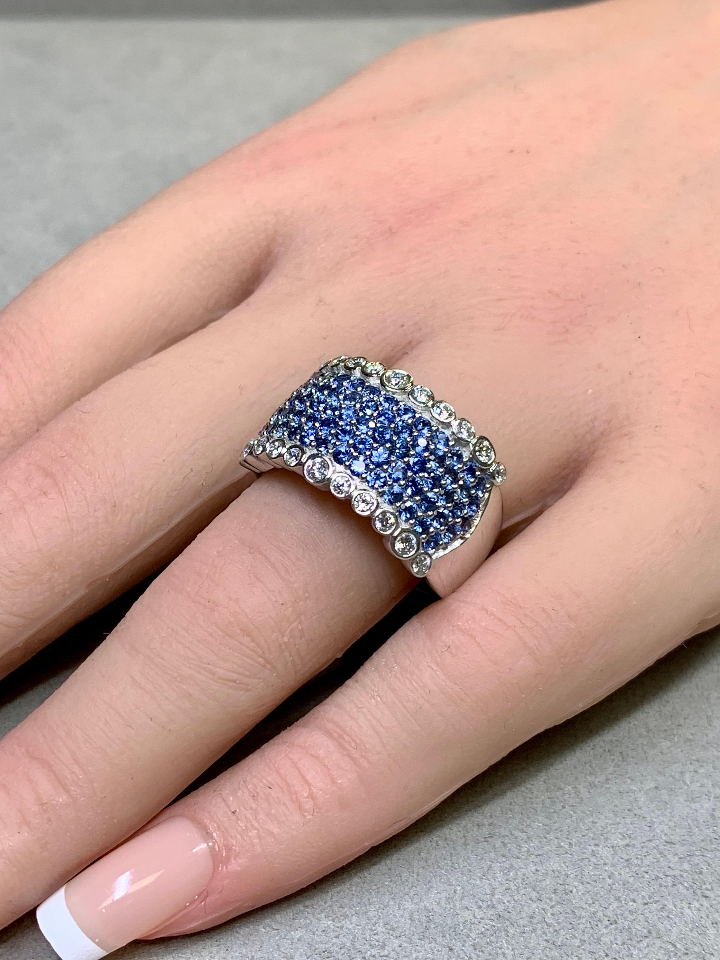 LeVian 14K White Gold Sapphire Diamond Wide Band Bubble Cocktail Ring 4.50ctw For Sale 2