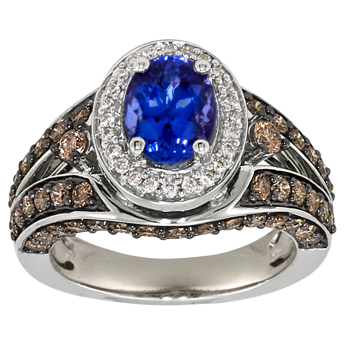 Cocktail-Ring, 14 Karat Weißgold Tansanit runder schokoladenbrauner Diamant Halo