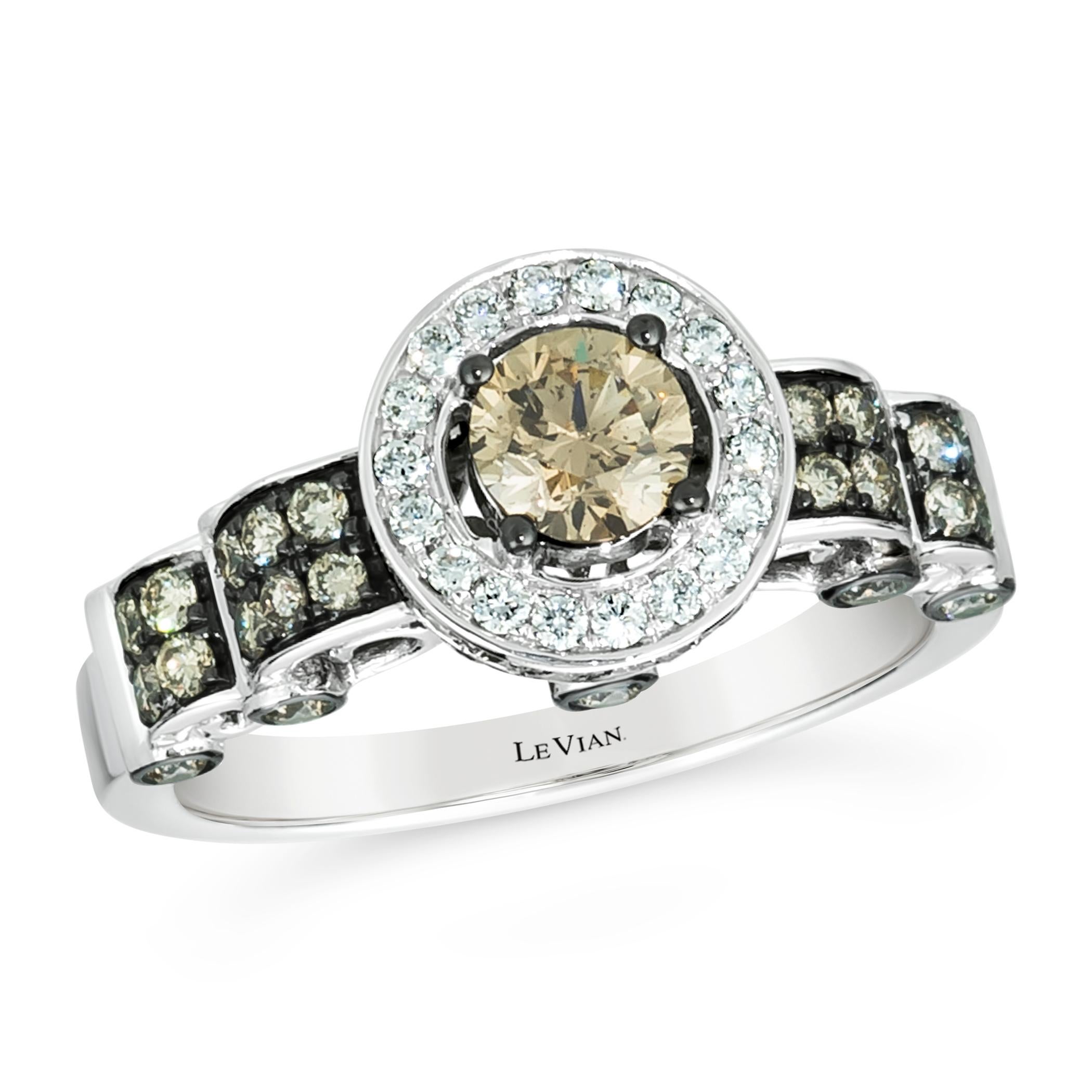 LeVian 14K White Gold White/Chocolate Diamond Halo Fashion Ring - Size 6