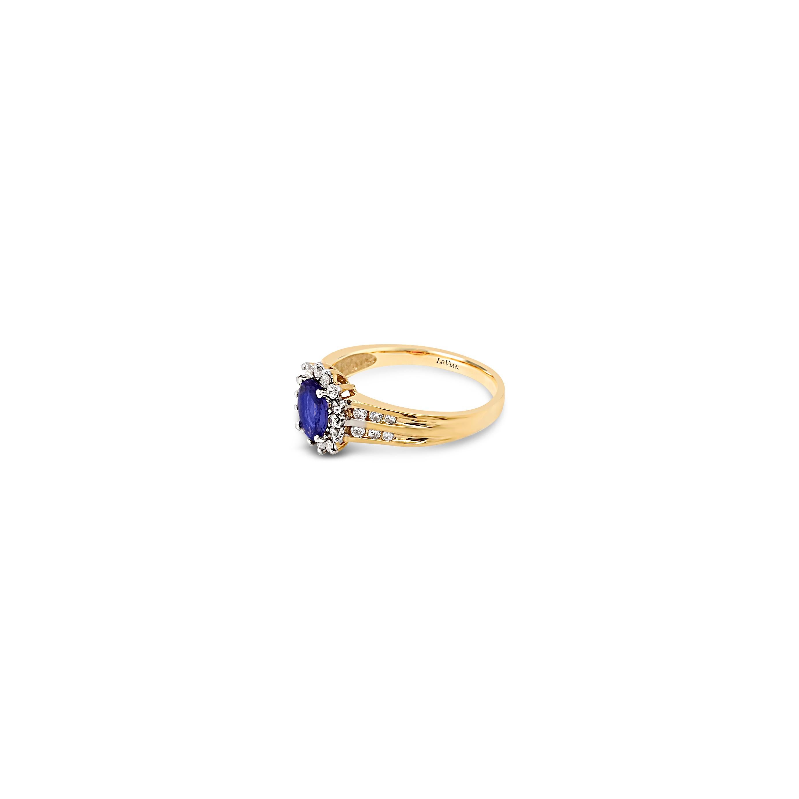 LeVian 14K Yellow Gold Blue Tanzanite Round Diamond Classy Halo Cocktail Ring In New Condition For Sale In Great Neck, NY