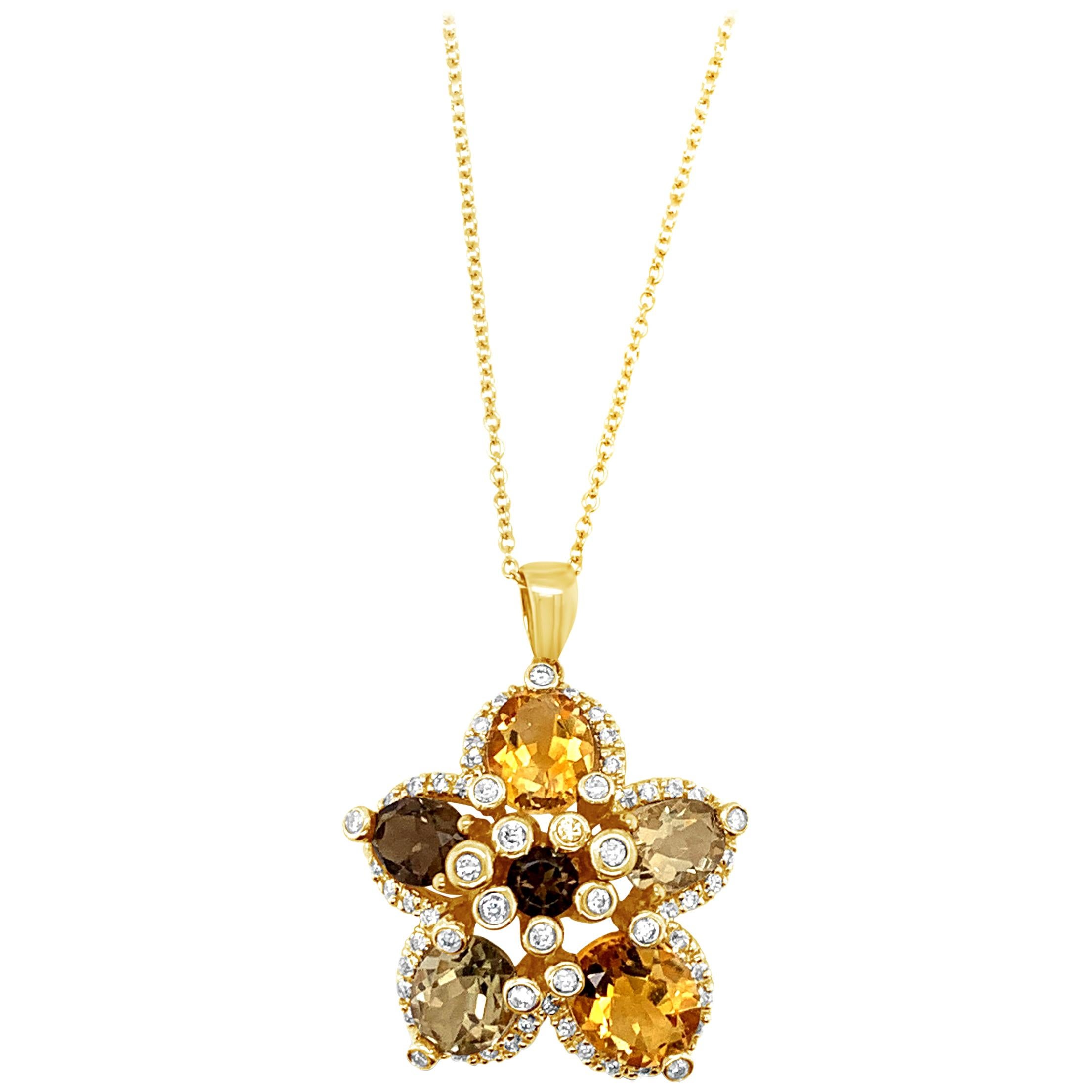 LeVian 14K Yellow Gold Citrine, Gemstone, White Diamond Flower Pendant Necklace