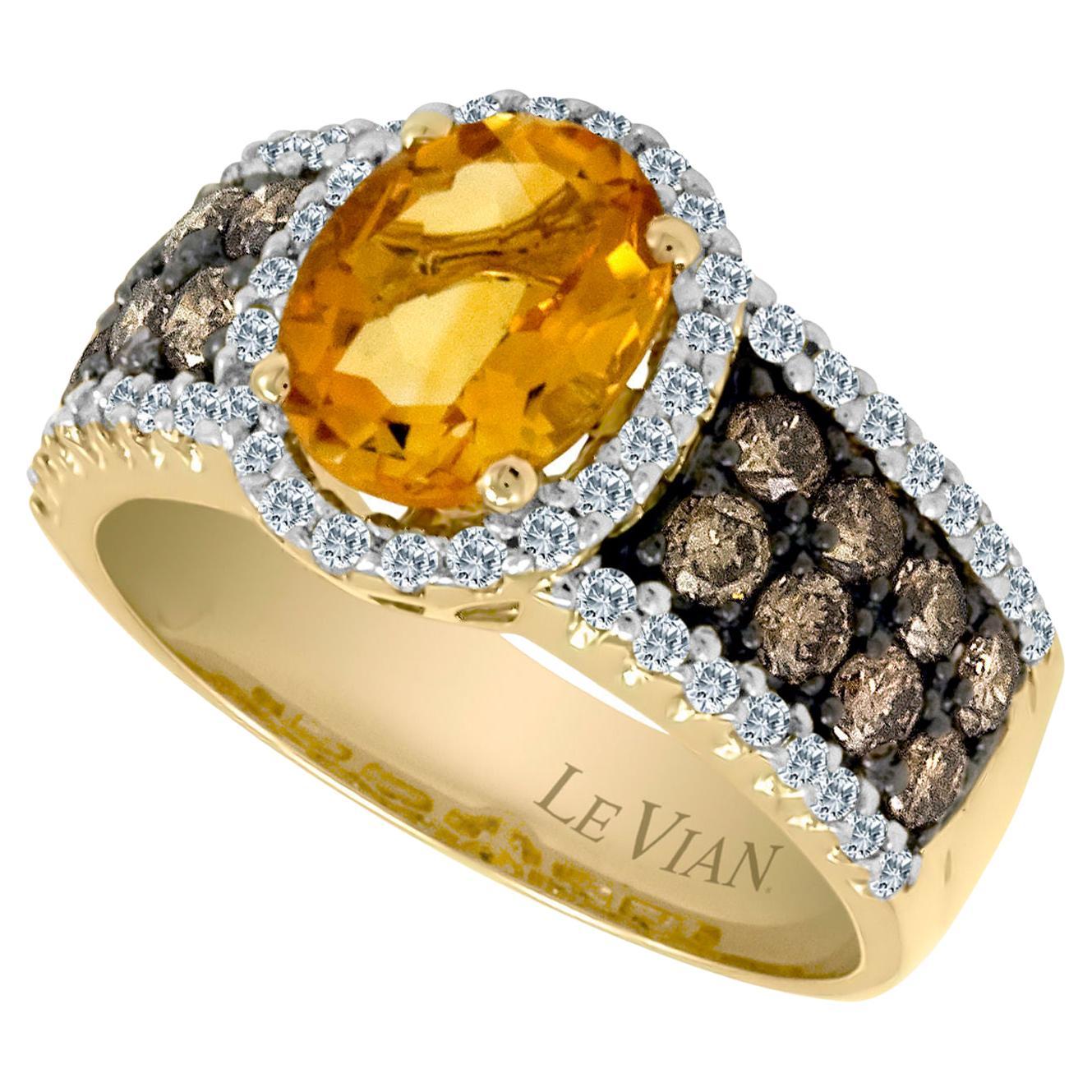 LeVian 14K Yellow Gold Citrine Round Chocolate Brown Diamond Cocktail Ring For Sale