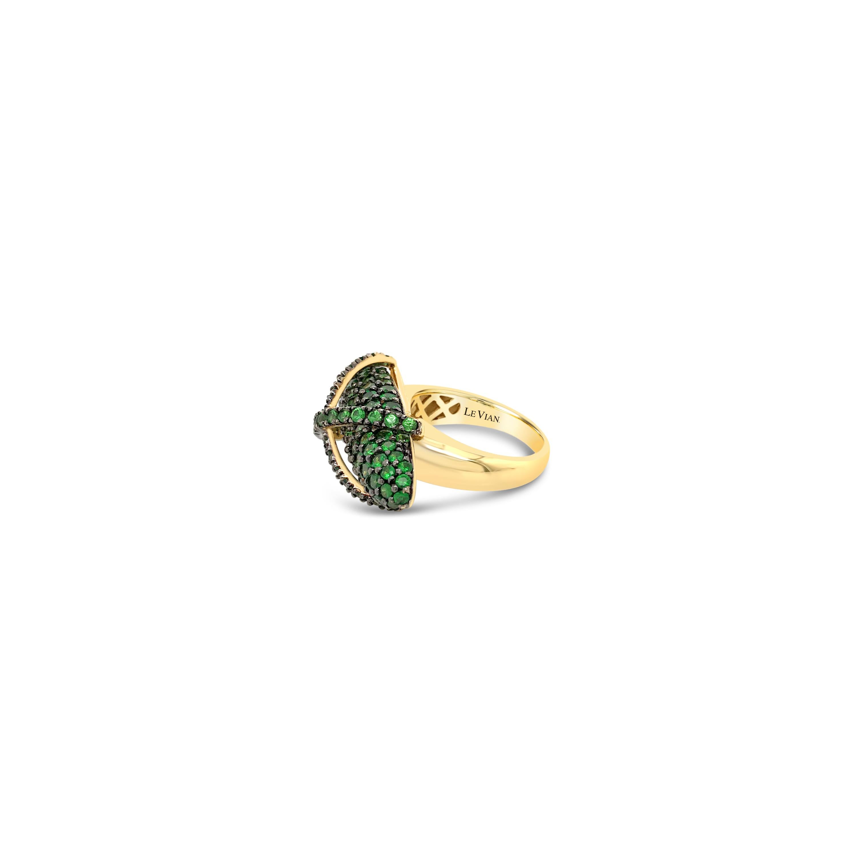 LeVian 14K Yellow Gold Green Tsavorite Garnet Cocktail Cluster Authentic Ring In New Condition In Great Neck, NY