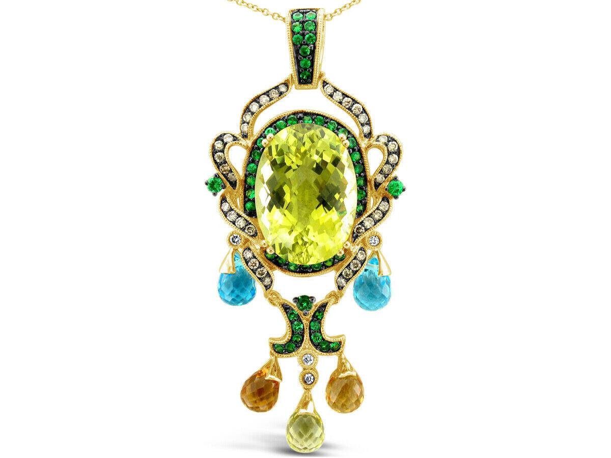 LeVian 14K Yellow Gold Lemon Quartz Blue Topaz Gemstone Diamond Pendant Necklace For Sale
