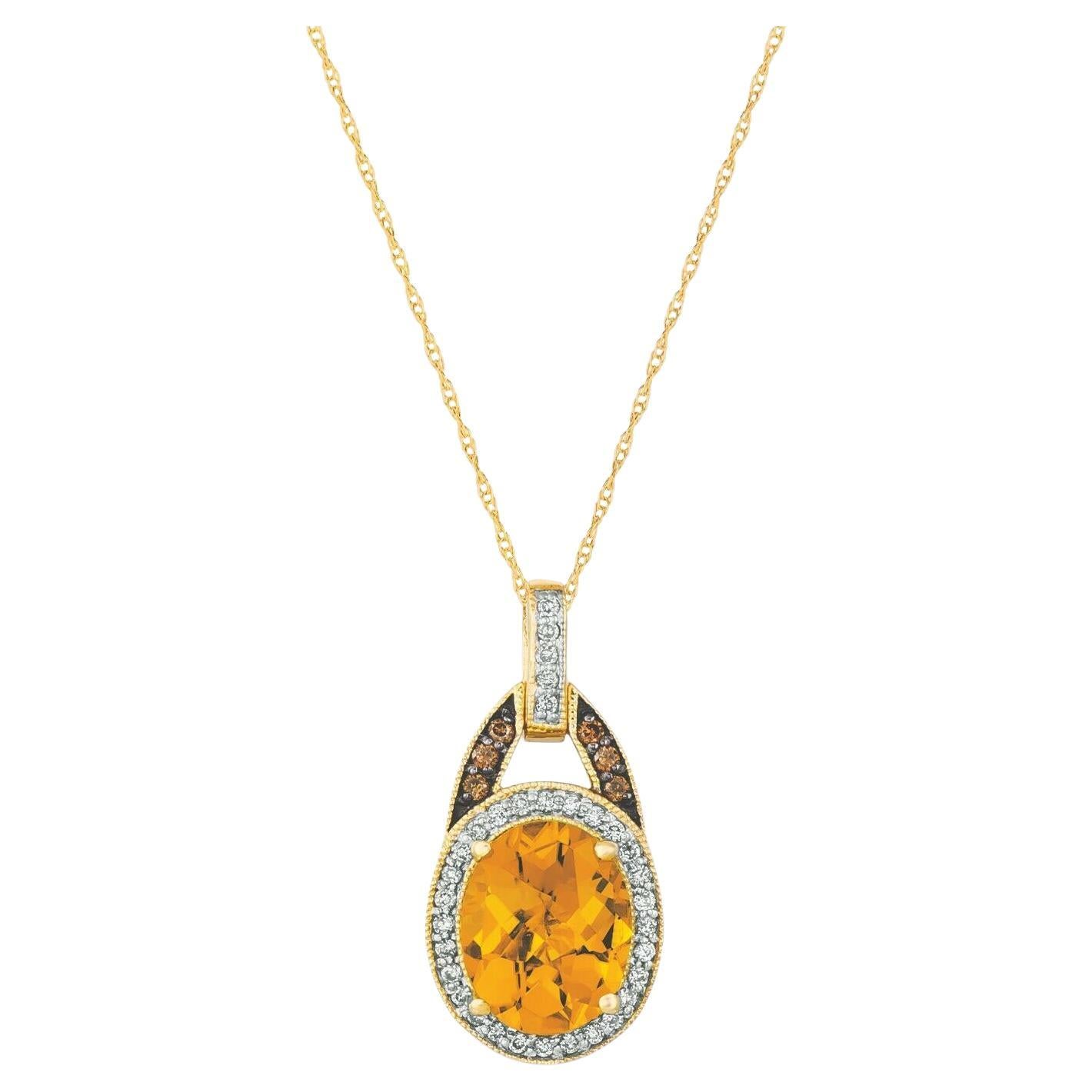 LeVian 14K Yellow Gold Orange Citrine Round Brown Diamond Halo Pendant Necklace For Sale