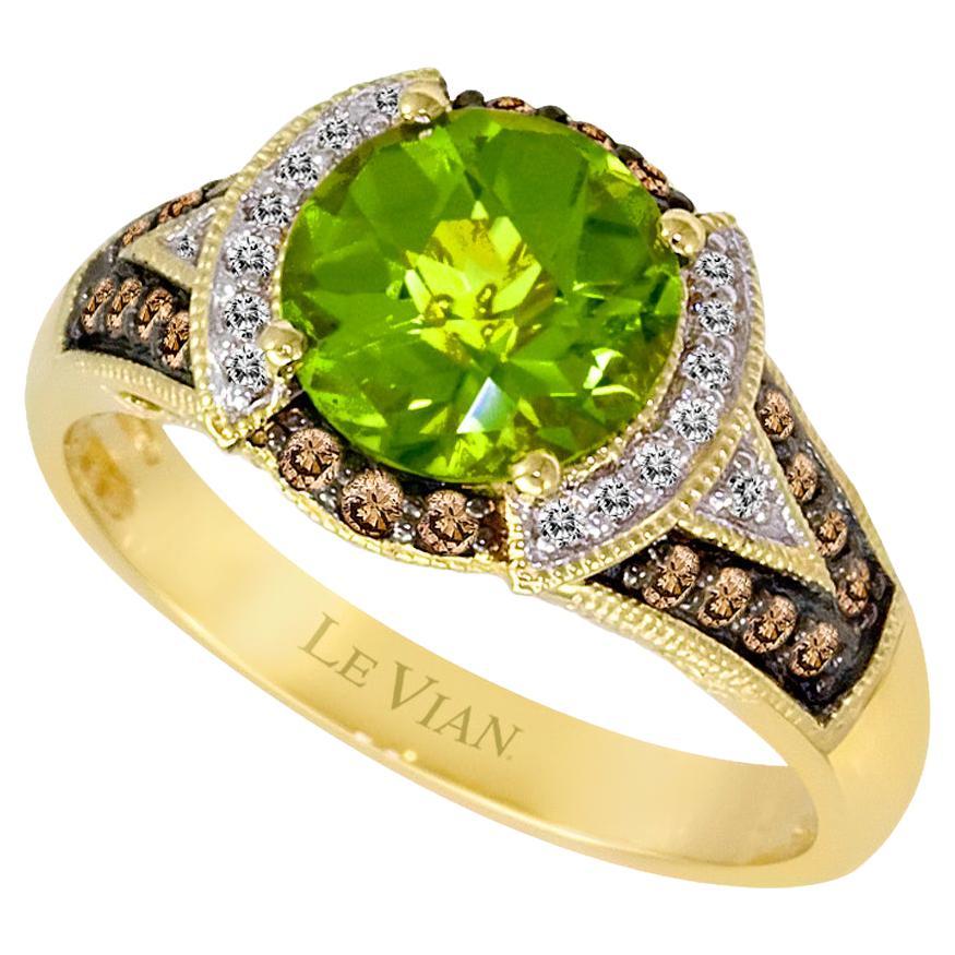 LeVian 14K Yellow Gold Peridot Round Chocolate Brown Diamond Cocktail Ring For Sale