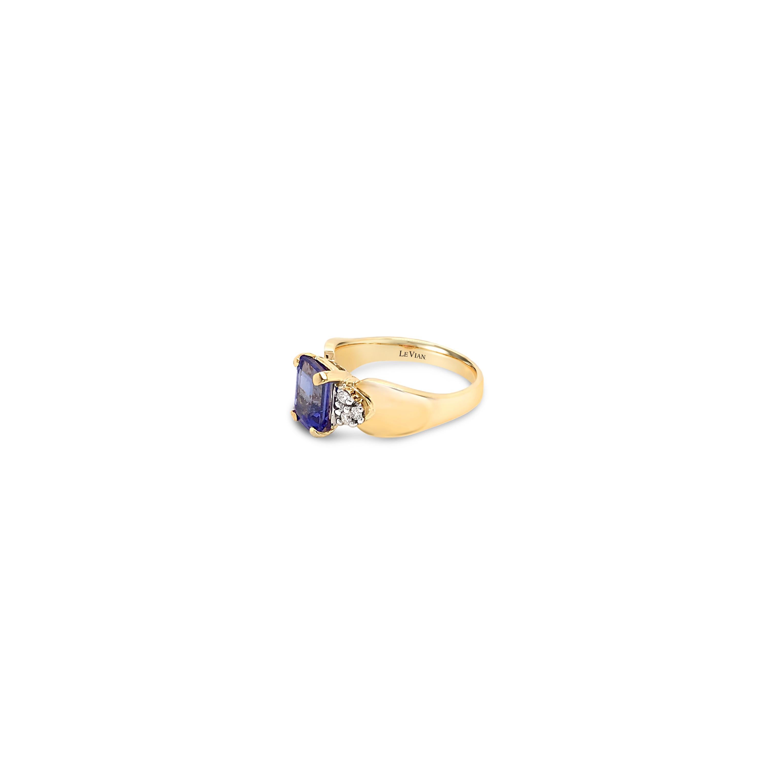 LeVian 14K Yellow Gold Purple Blue Tanzanite Gemstone Round Diamond Classy Ring In New Condition For Sale In Great Neck, NY