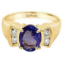 LeVian 14K Yellow Gold Purple Blue Tanzanite Round Diamond Classy Cocktail Ring