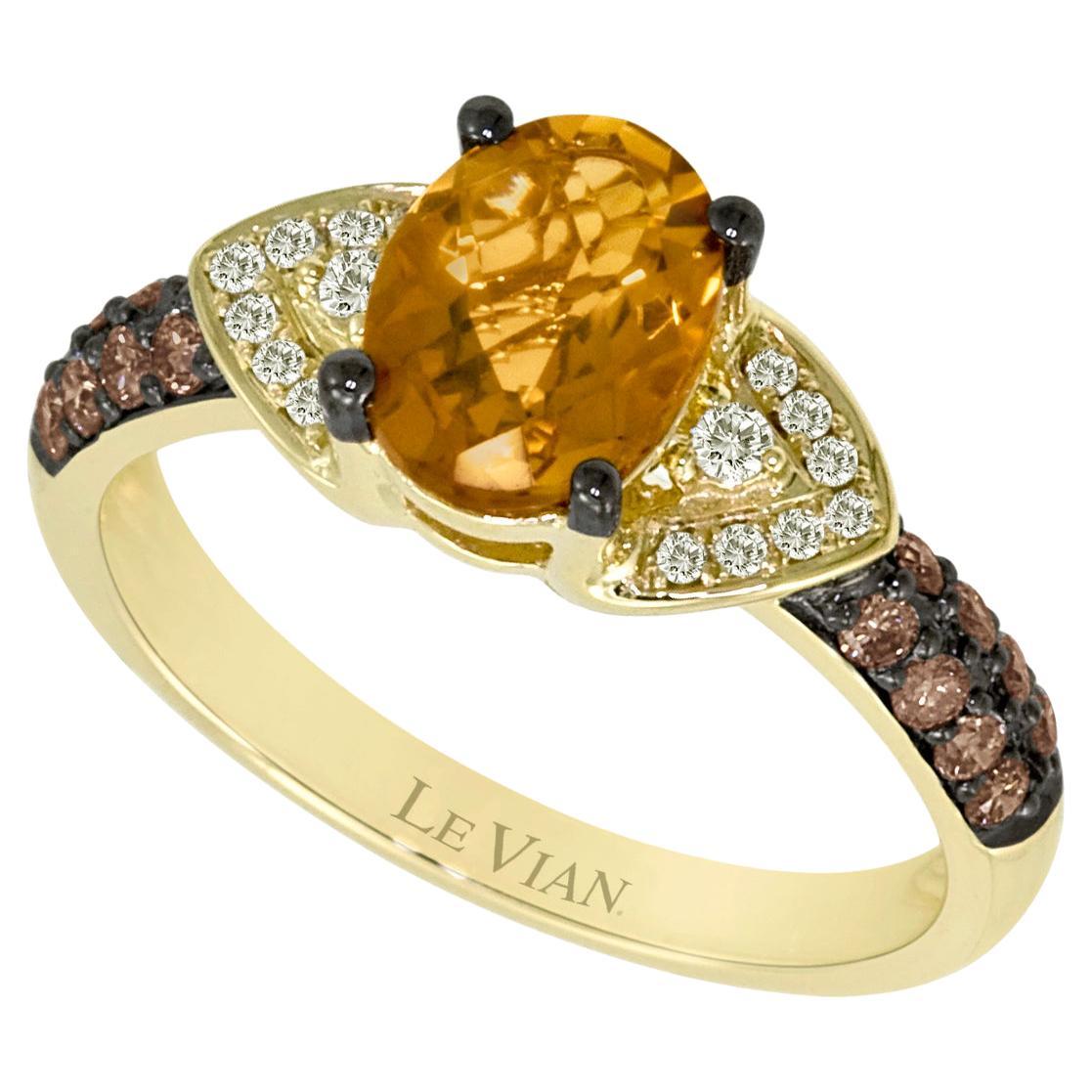 LeVian 14K Yellow Gold Ring Citrine Round Brown Chocolate Diamond Cocktail Ring For Sale