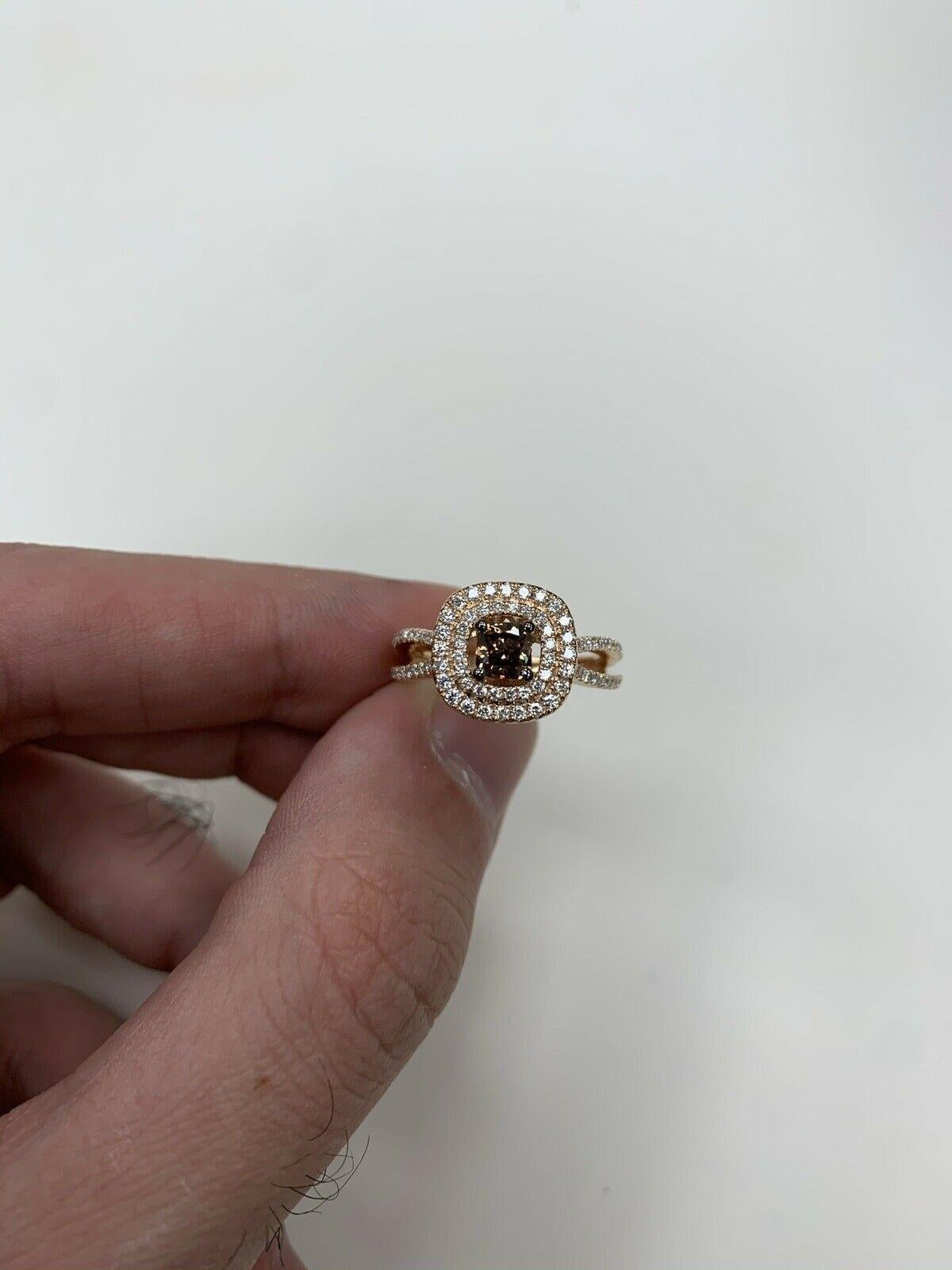 LeVian 14K Yellow Gold Round Chocolate Brown Diamond Bridal Wedding Halo Ring In New Condition For Sale In Great Neck, NY