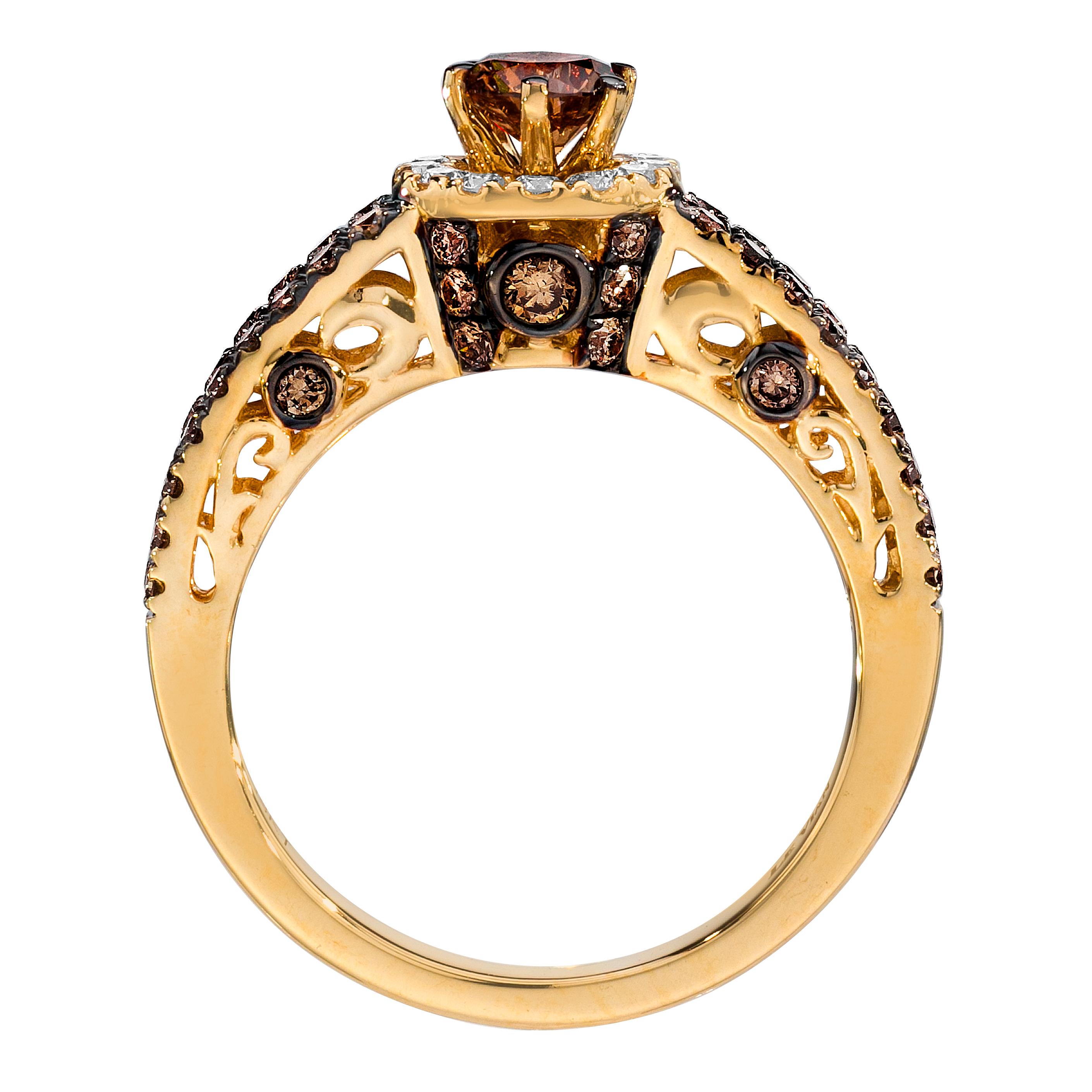 LeVian 14K Yellow Gold Round Chocolate Brown Diamond Halo Bridal Wedding Ring
