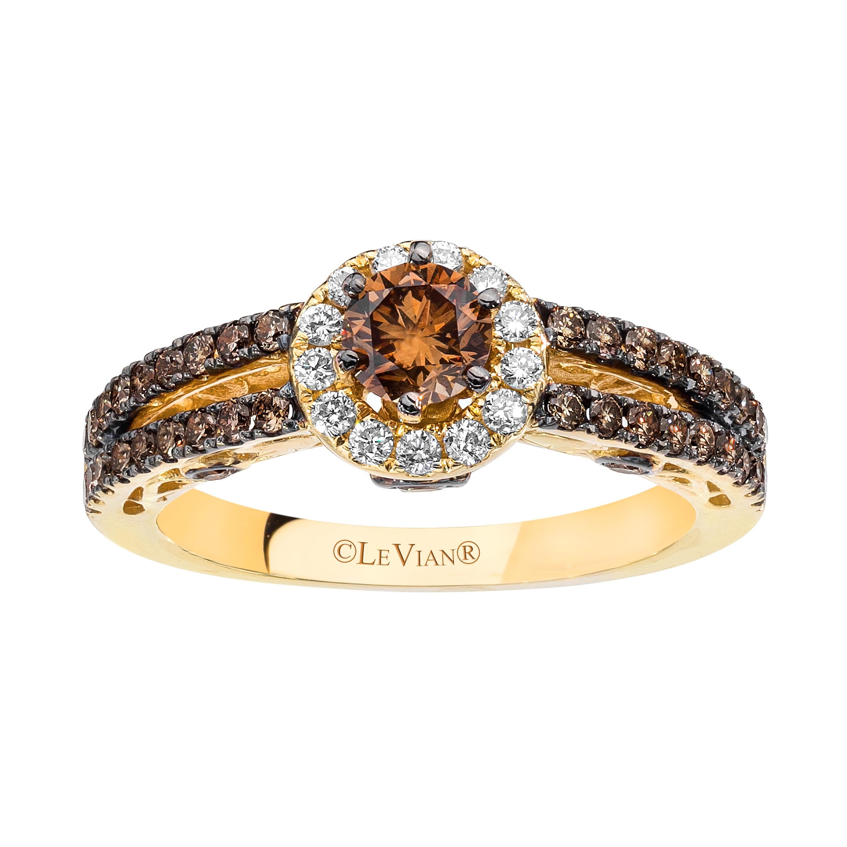 LeVian 14K Yellow Gold Round Chocolate Brown Diamond Halo Bridal Wedding Ring For Sale