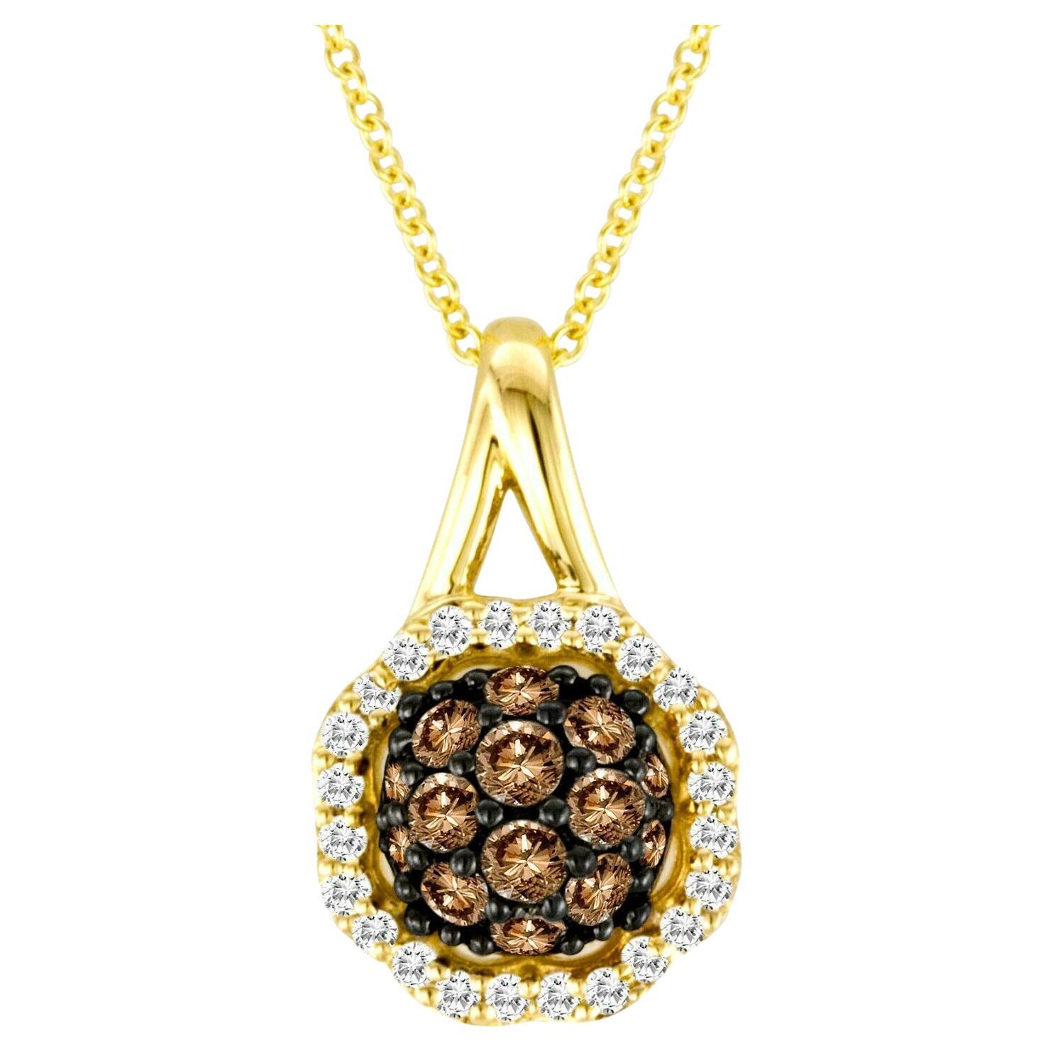 LeVian 14K Yellow Gold Round Chocolate Brown Diamonds Cluster Pendant Necklace For Sale