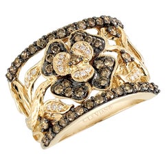 LeVian 14K Yellow Gold Round Chocolate Brown Diamonds Fancy Pretty Flower Ring