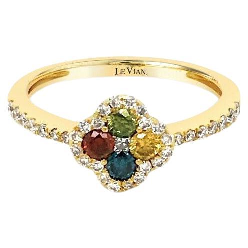 LeVian 14K Yellow Gold Round Multi-Color Diamond Classic Cluster Flower Ring For Sale