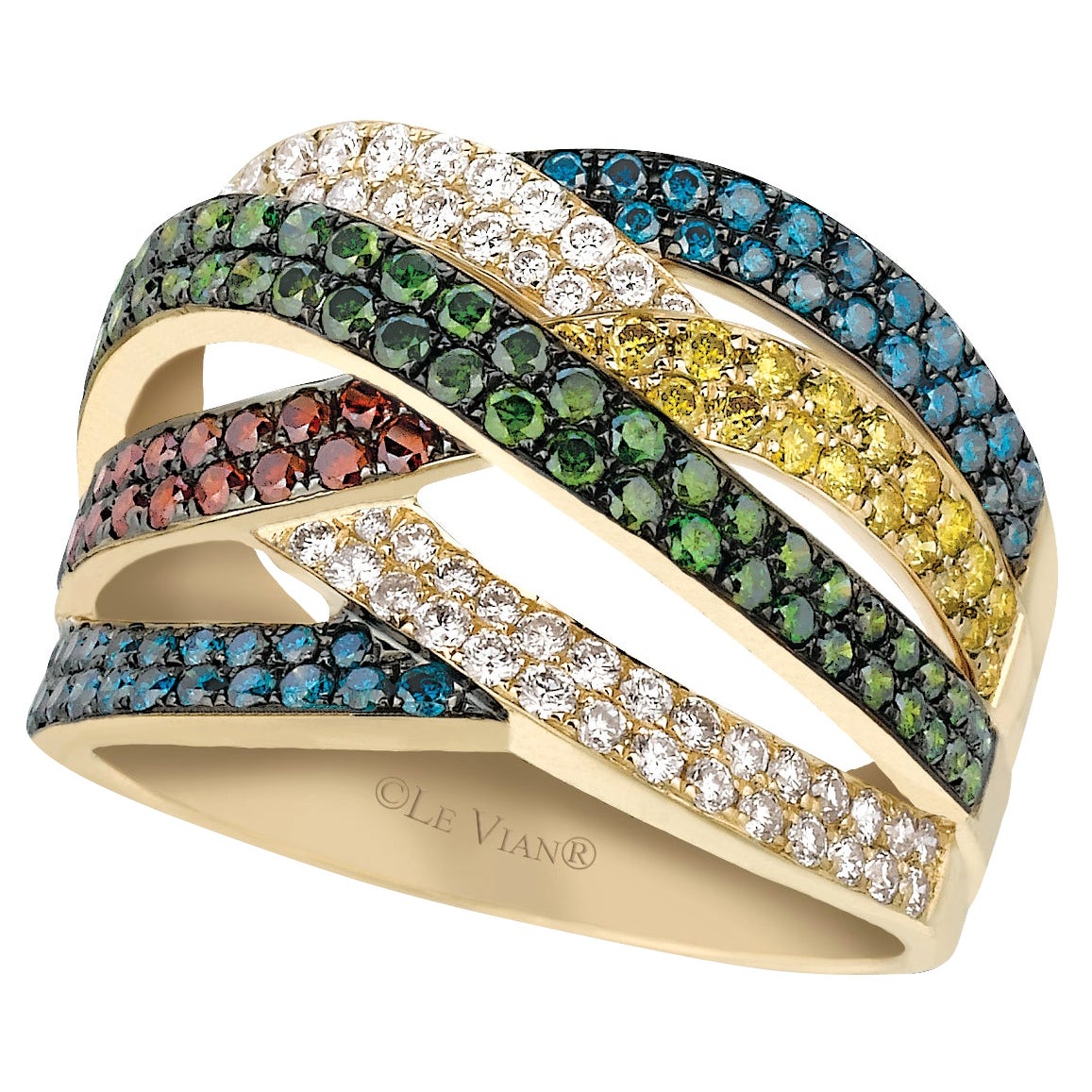 LeVian Bague cocktail croisée classique en or jaune 14 carats avec diamants ronds multicolores en vente