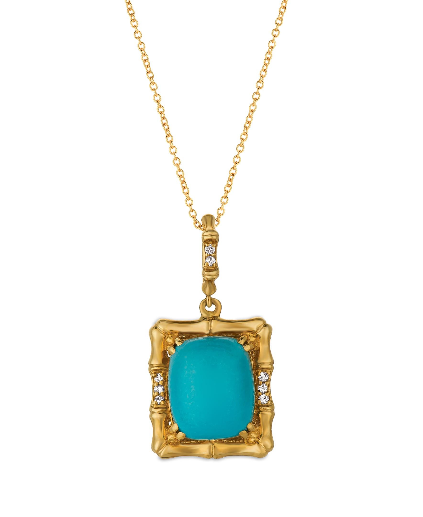LeVian 14K Yellow Gold Turquoise White Sapphire Beautiful Fancy Pendant Necklace For Sale
