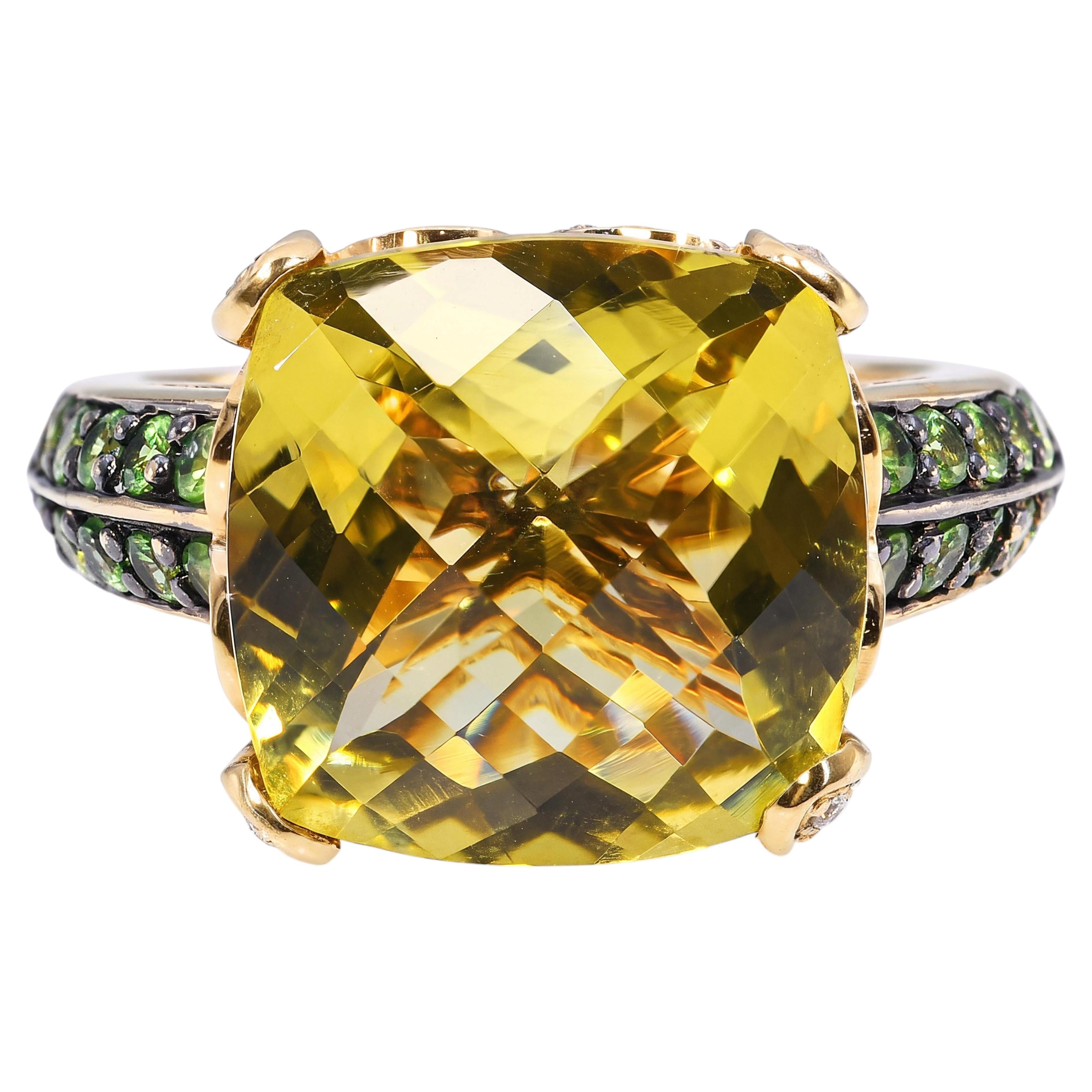 LeVian 14k Yellow Gold Yellow Quartz Tsavorite and Diamond Ring