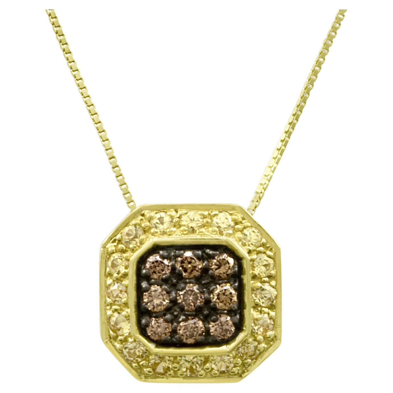 LeVian 14K Yellow Gold Yellow Sapphire Brown Diamond Cluster Pendant Necklace For Sale