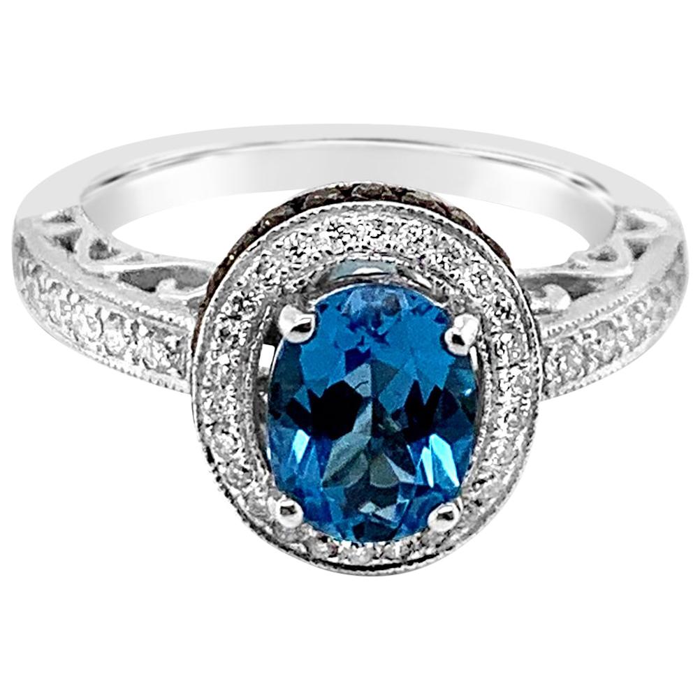LeVian 1.5 Carat Blue Topaz Chocolate Diamonds White Diamonds White Gold Ring