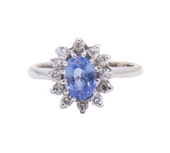 LeVian 18 Karat White Gold Blue Sapphire & Natural Diamond Halo Cocktail Ring