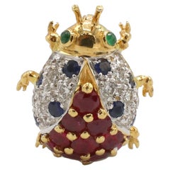 LeVian 18 Karat Yellow Gold Diamond & Ruby Gemstone Lady Bug Small Brooch Pin 