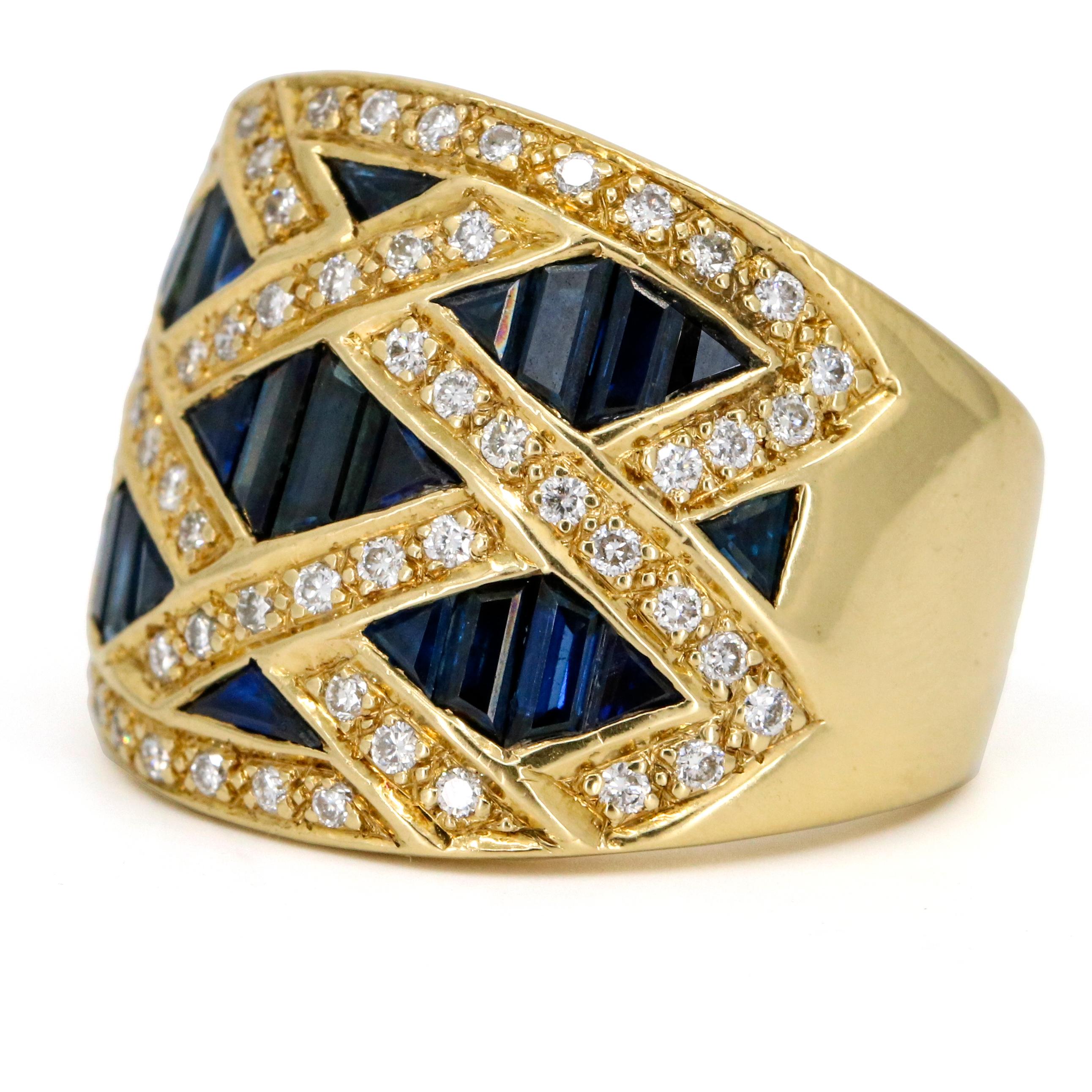 Contemporary LeVian 18 Karat Yellow Gold Sapphire Diamond Wide Band Ring For Sale