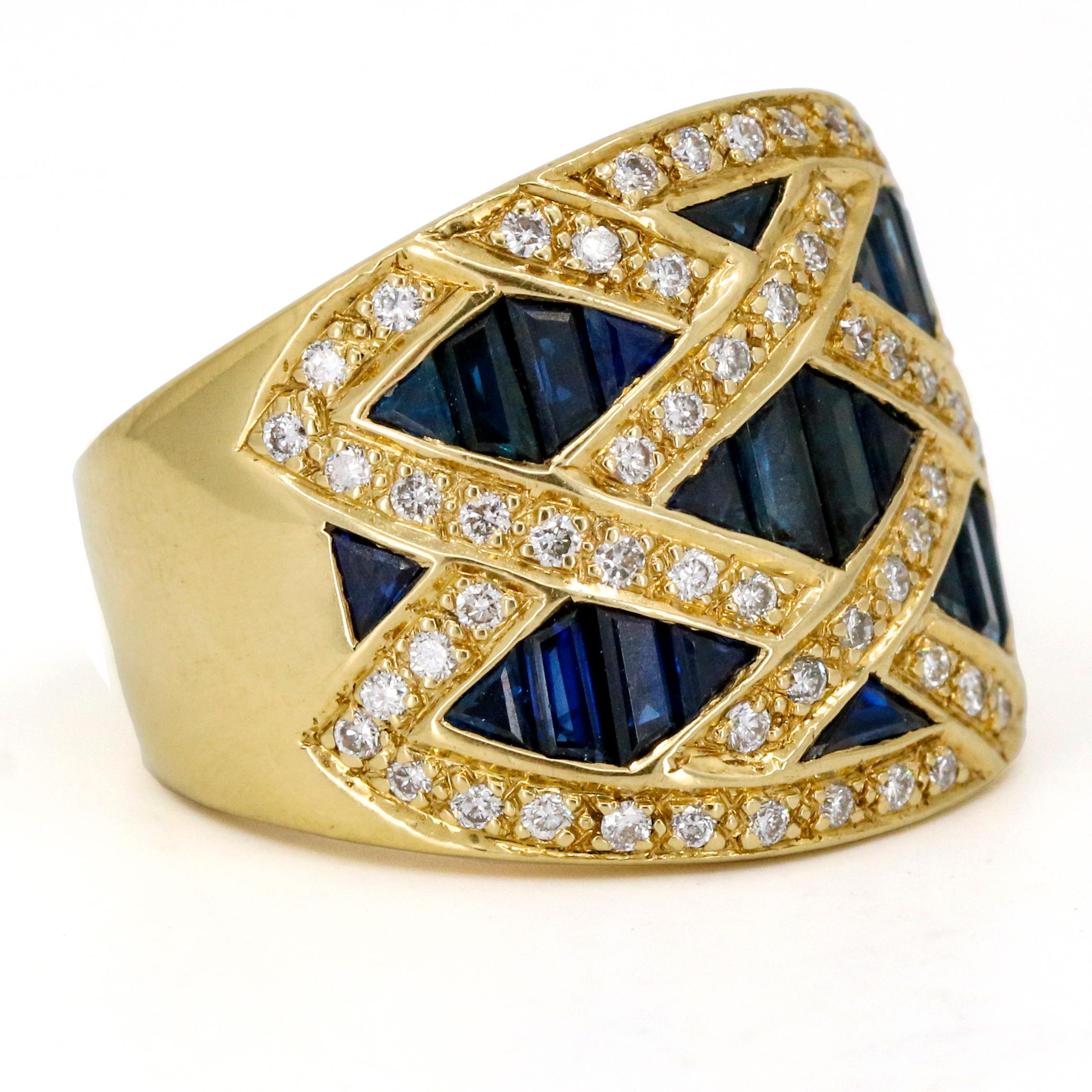Baguette Cut LeVian 18 Karat Yellow Gold Sapphire Diamond Wide Band Ring For Sale