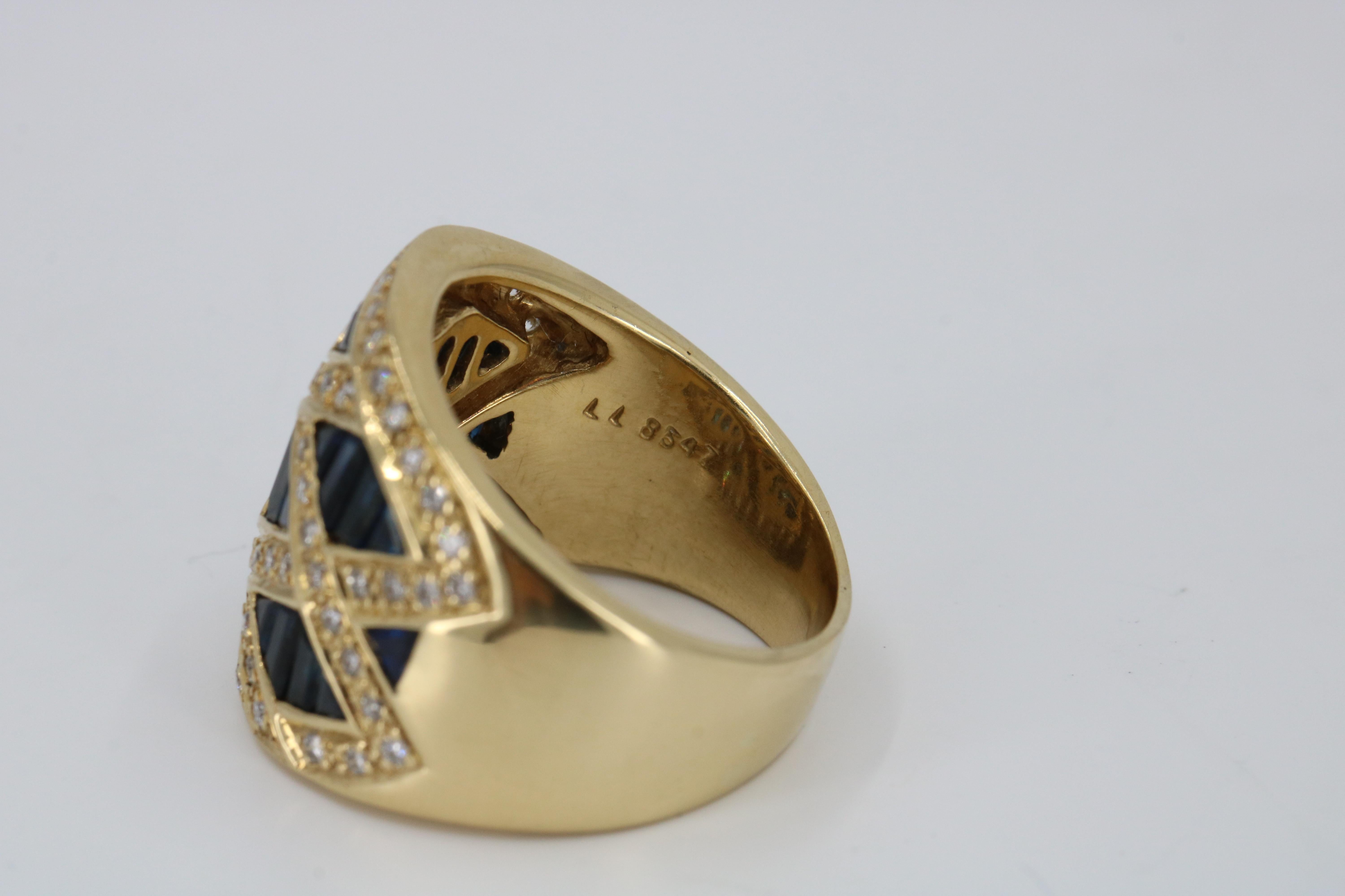 Women's LeVian 18 Karat Yellow Gold Sapphire Diamond Wide Band Ring For Sale