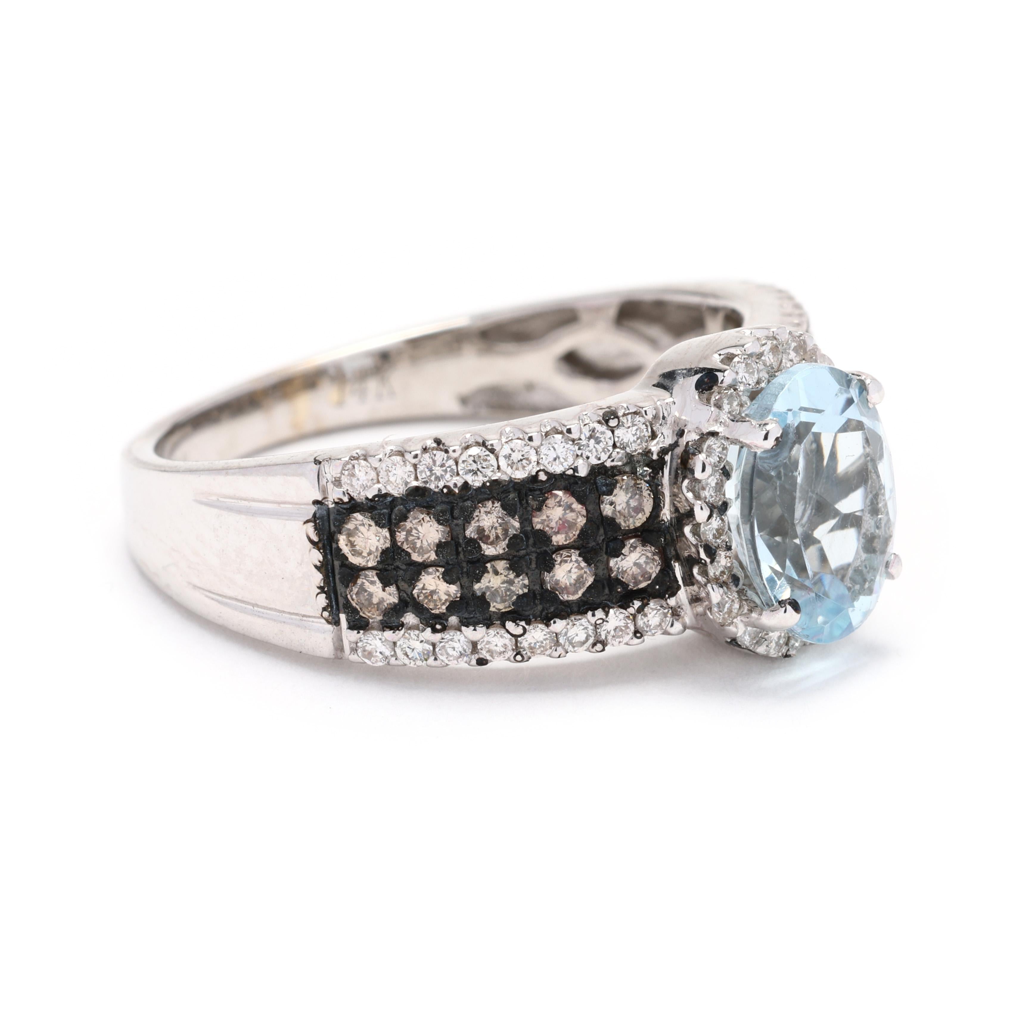 Celebrate your love with this captivating LeVian engagement ring, featuring a stunning 1.8ctw aquamarine center stone accented by sparkling diamonds in luxurious 14k white gold. This exquisite design combines the tranquil beauty of aquamarine with