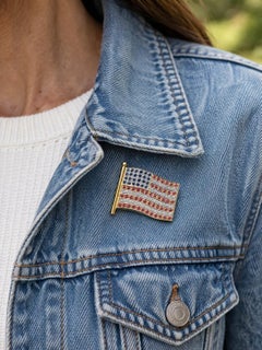 LeVian 18k Gold 1.5ctw Round Ruby Sapphire & Diamond American Flag Pin Brooch