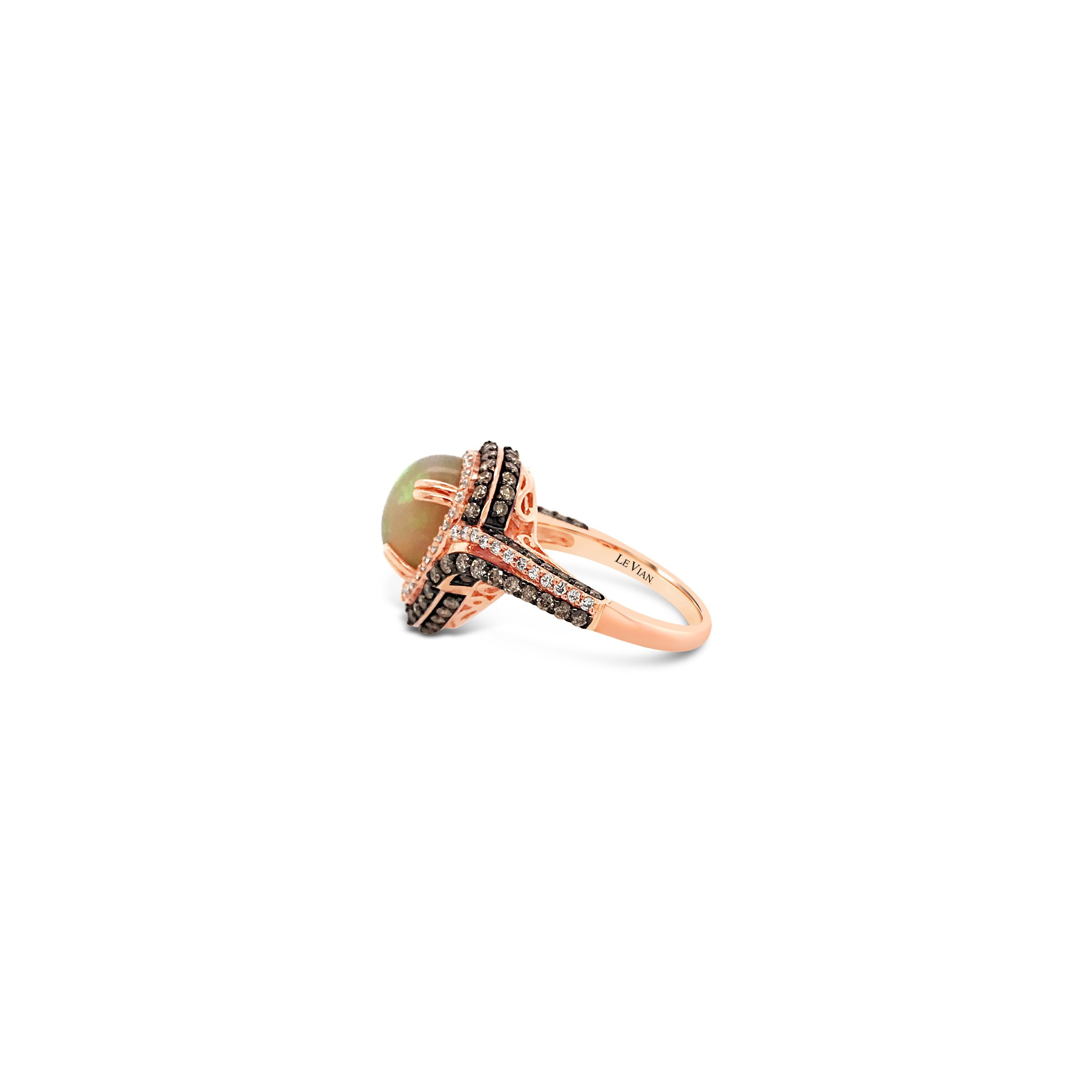 LeVian 18K Rose Gold Opal Round Chocolate Brown Diamond Cocktail Multi-Halo Ring In New Condition In Great Neck, NY
