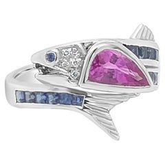 LeVian 18K White Gold Blue Pink Sapphire Diamond Accent Bezel Cocktail Fish Ring