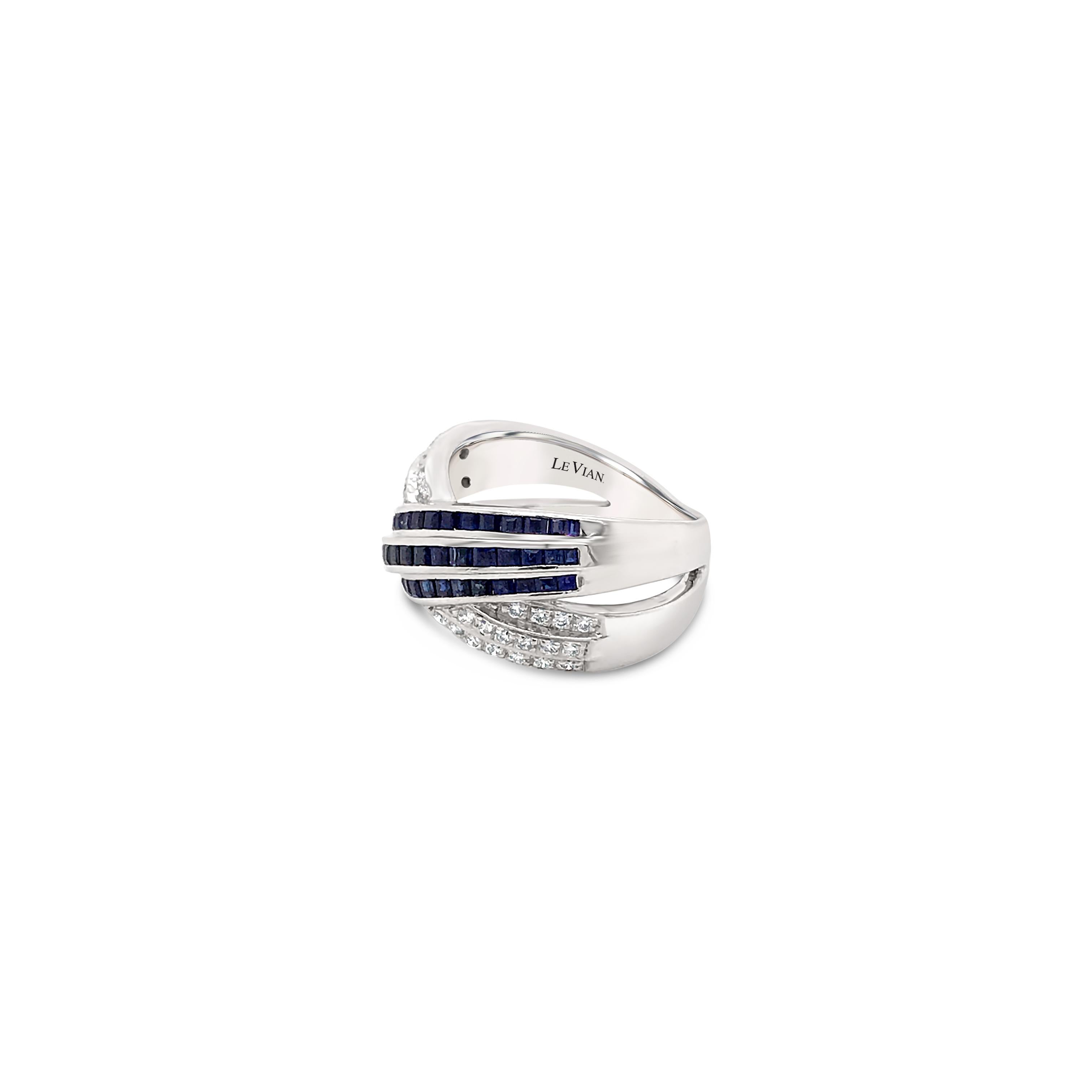 LeVian 18K White Gold Blue Sapphire Gemstone Round Diamond Classic Cocktail Ring In New Condition In Great Neck, NY