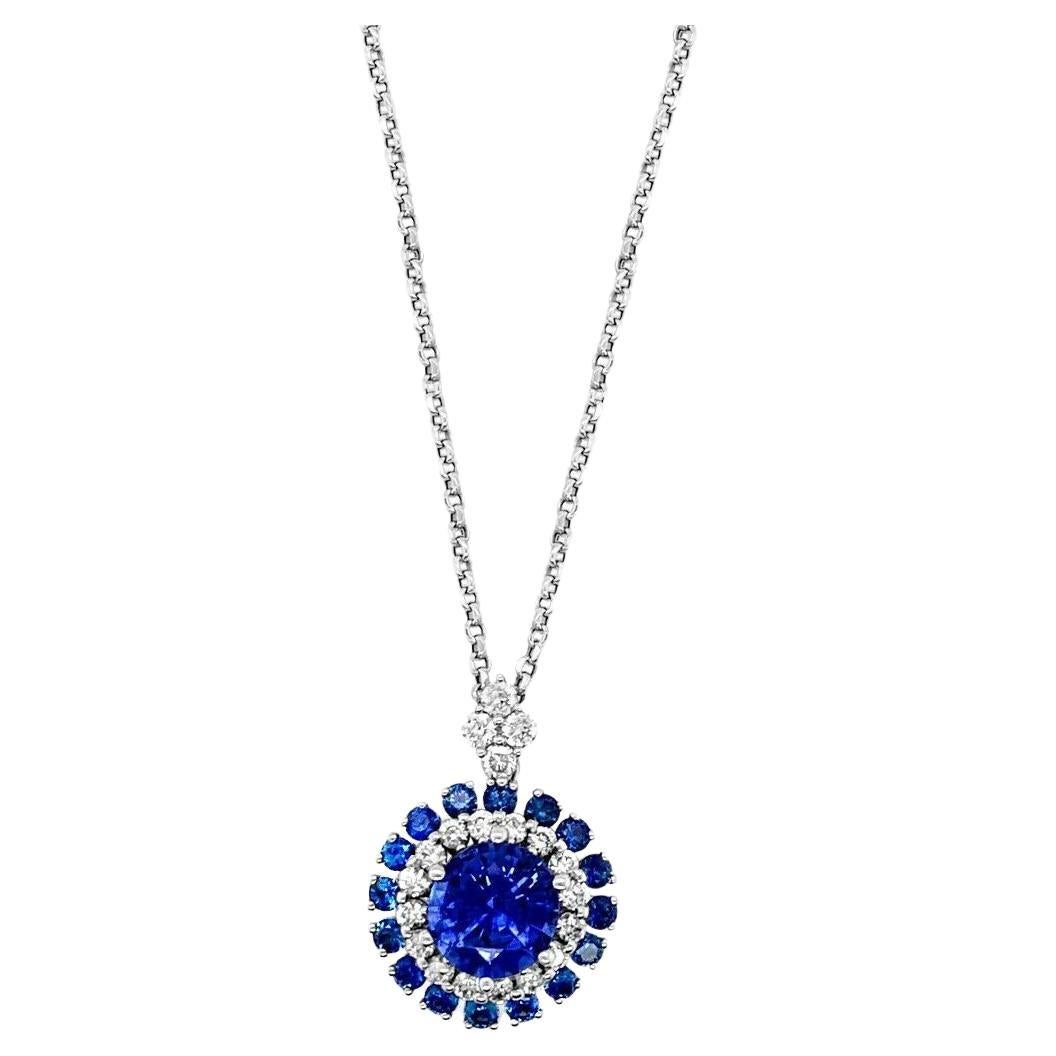 LeVian 18K White Gold Blue Sapphire Round Diamond Double Halo Pendant Necklace For Sale