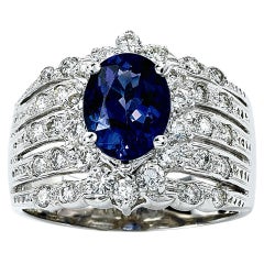 LeVian 18K White Gold Blue Tanzanite Round Diamond Classic Pretty Cocktail Ring