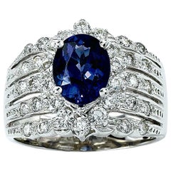 LeVian 18K White Gold Blue Tanzanite Round Diamond Classic Pretty Cocktail Ring