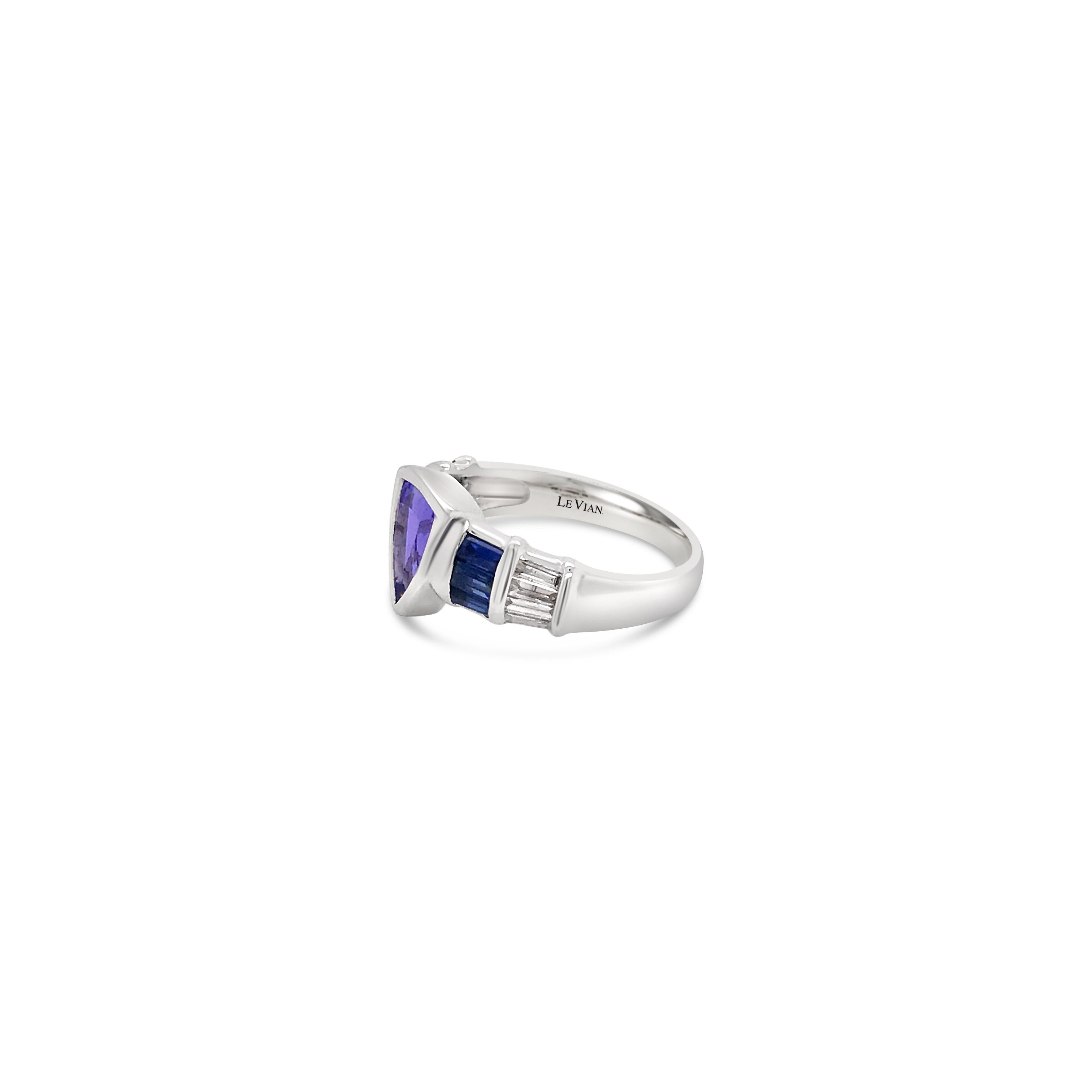 LeVian 18K White Gold Blue Tanzanite Sapphire Baguette Diamond Cocktail Ring In New Condition For Sale In Great Neck, NY