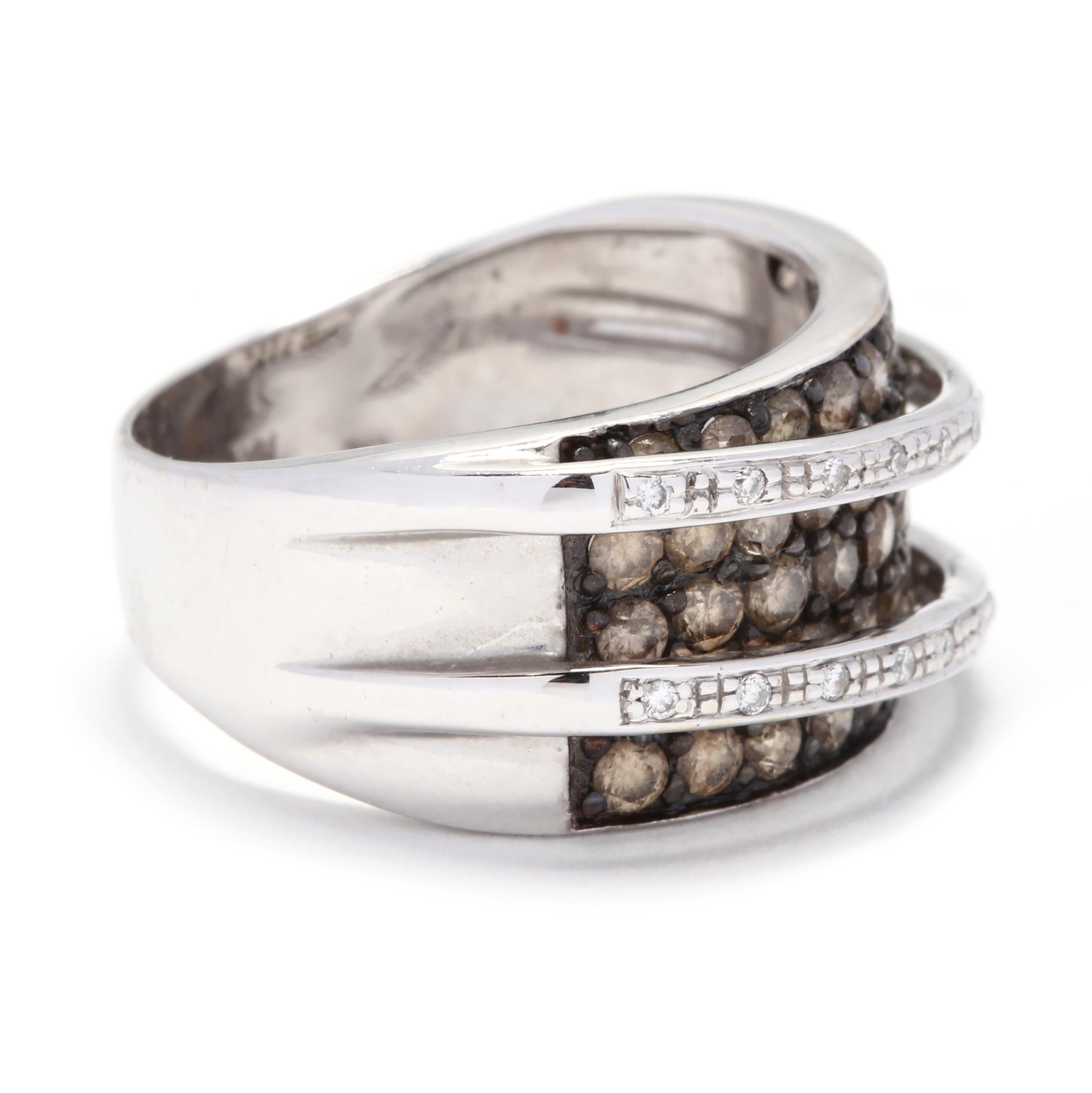 An 18 karat white gold, chocolate and colorless diamond crossover band ring by LeVian. This ring features five rows of full cut round chocolate diamonds pavé set with a blackened surround with two diagonal rows of colorless full cut round diamonds