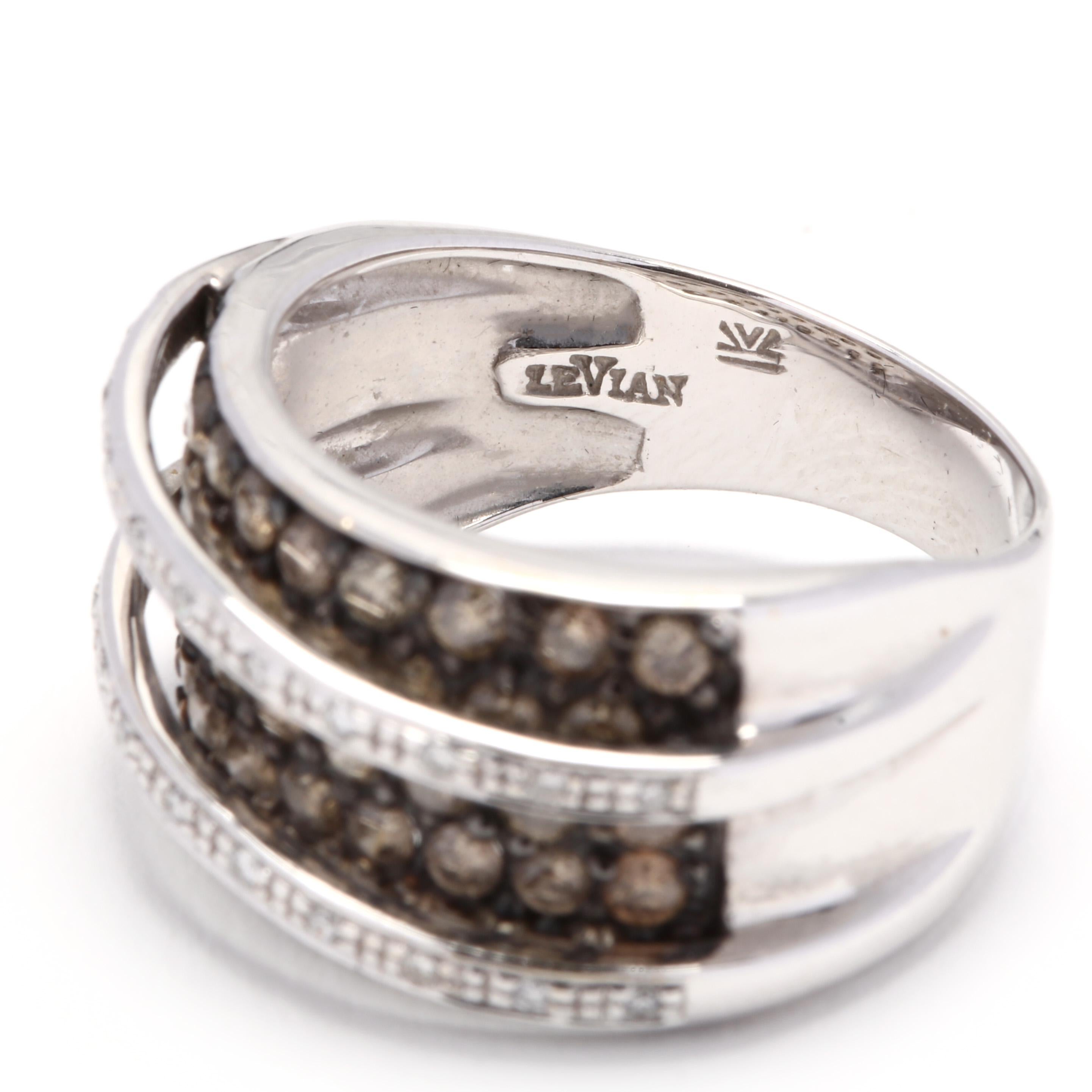 LeVian 18 Karat White Gold, Chocolate and Colorless Diamond Crossover Band Ring In Good Condition In McLeansville, NC