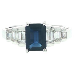 LeVian 18k White Gold Emerald Cut Sapphire & Baguette Diamond Step Pyramid Ring