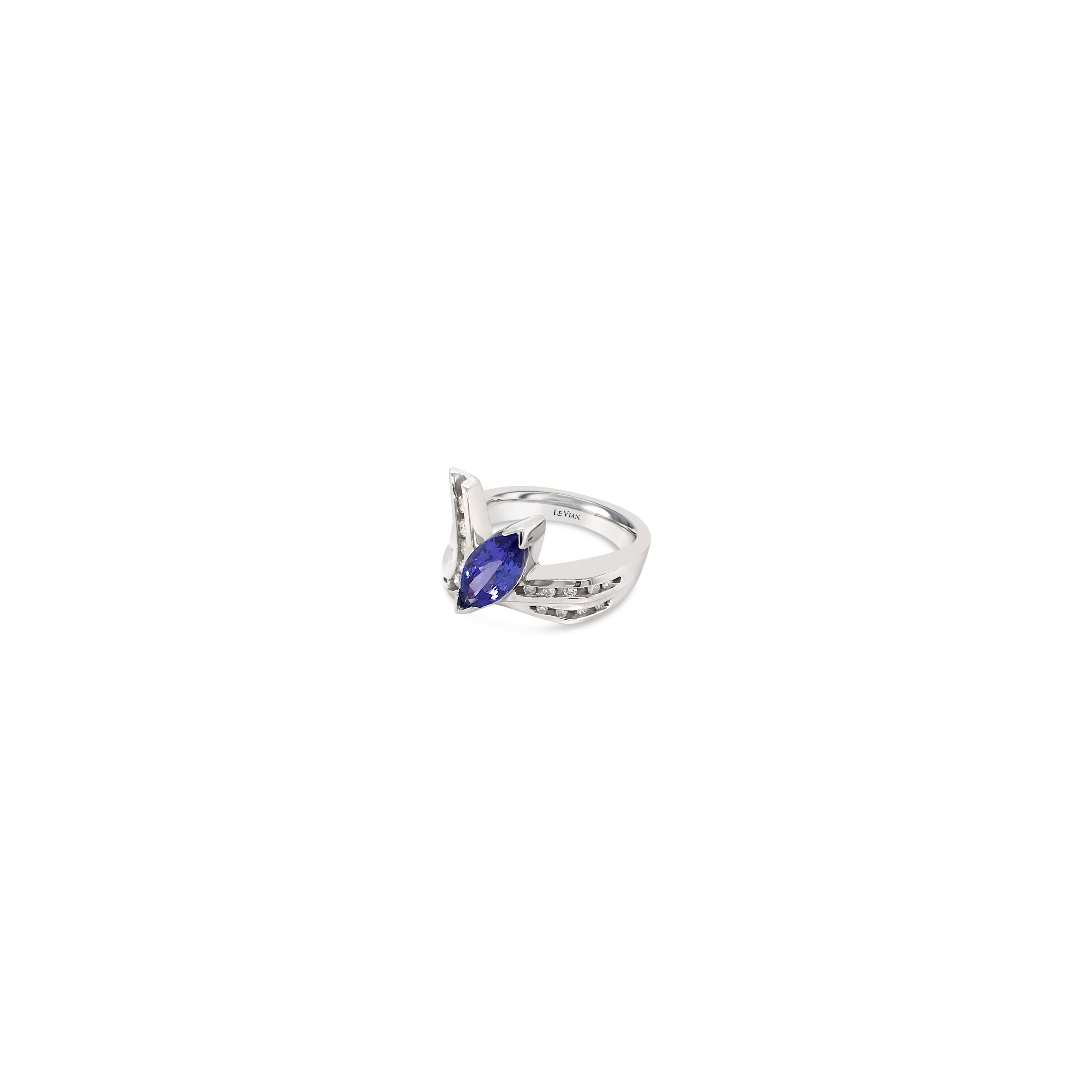 LeVian 18K White Gold Marquise Tanzanite Round Diamond Classic Cocktail Ring In New Condition For Sale In Great Neck, NY