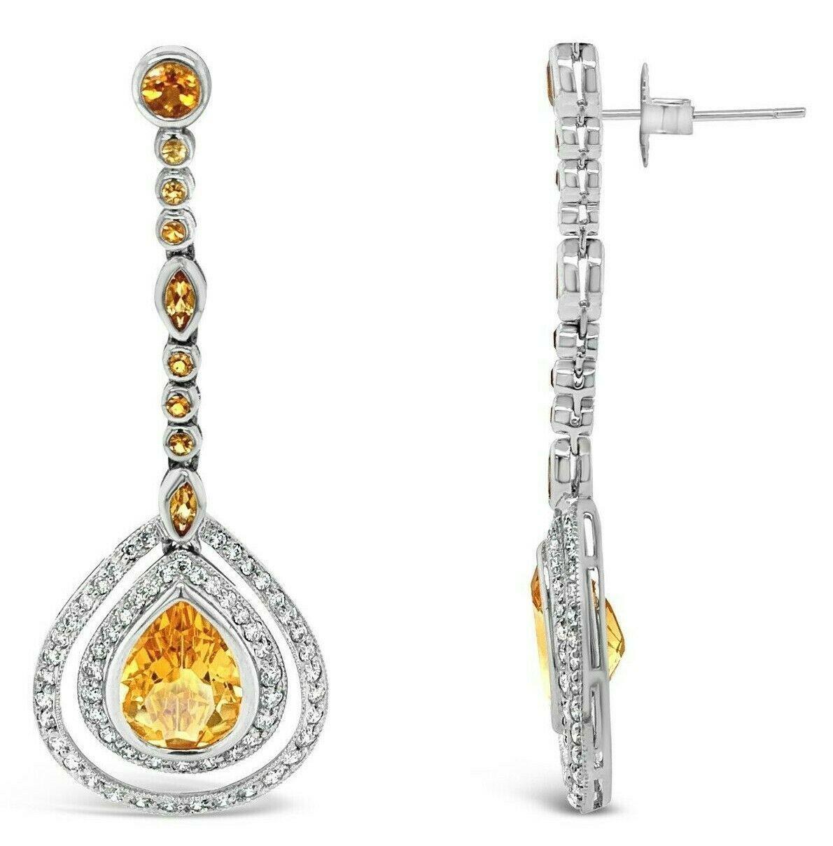 LeVian 18K White Gold Orange Citrine Gemstone Round Diamond Classy Halo Earrings In New Condition For Sale In Great Neck, NY
