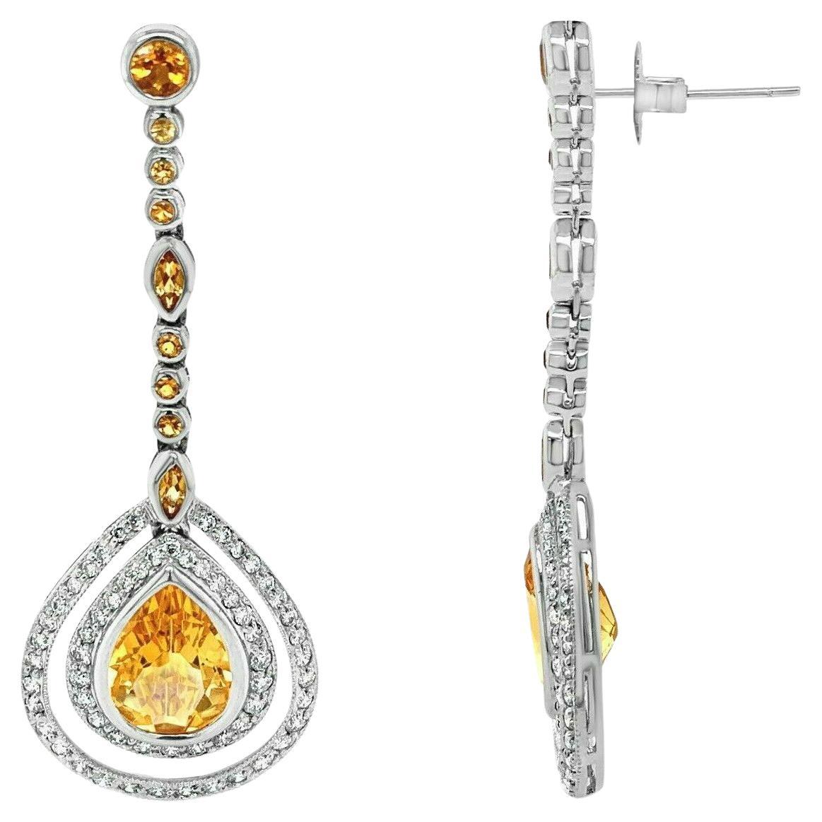 LeVian 18K White Gold Orange Citrine Gemstone Round Diamond Classy Halo Earrings For Sale