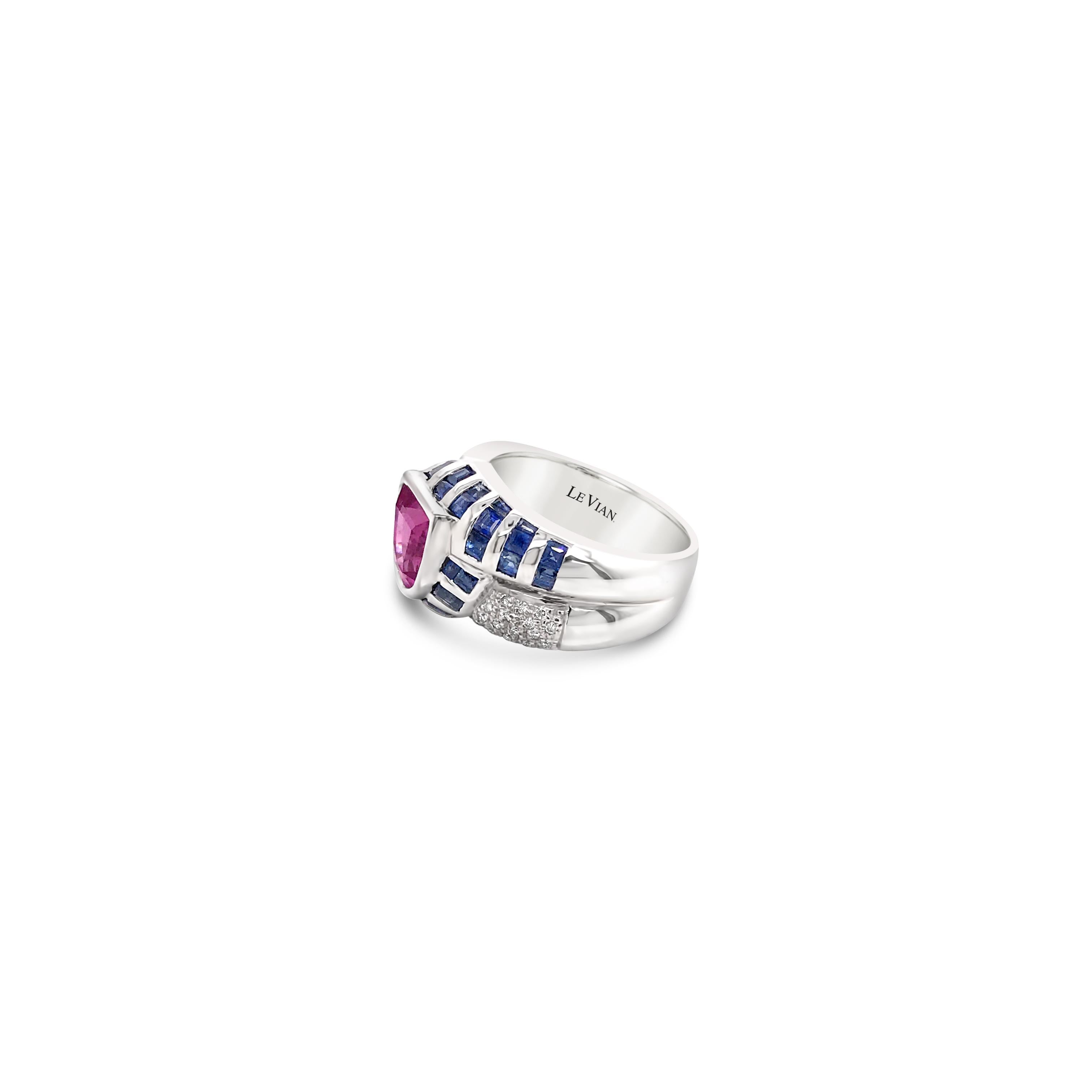 LeVian 18K White Gold Pink Blue Sapphire Round Diamond Bezel Classic Ring In New Condition For Sale In Great Neck, NY