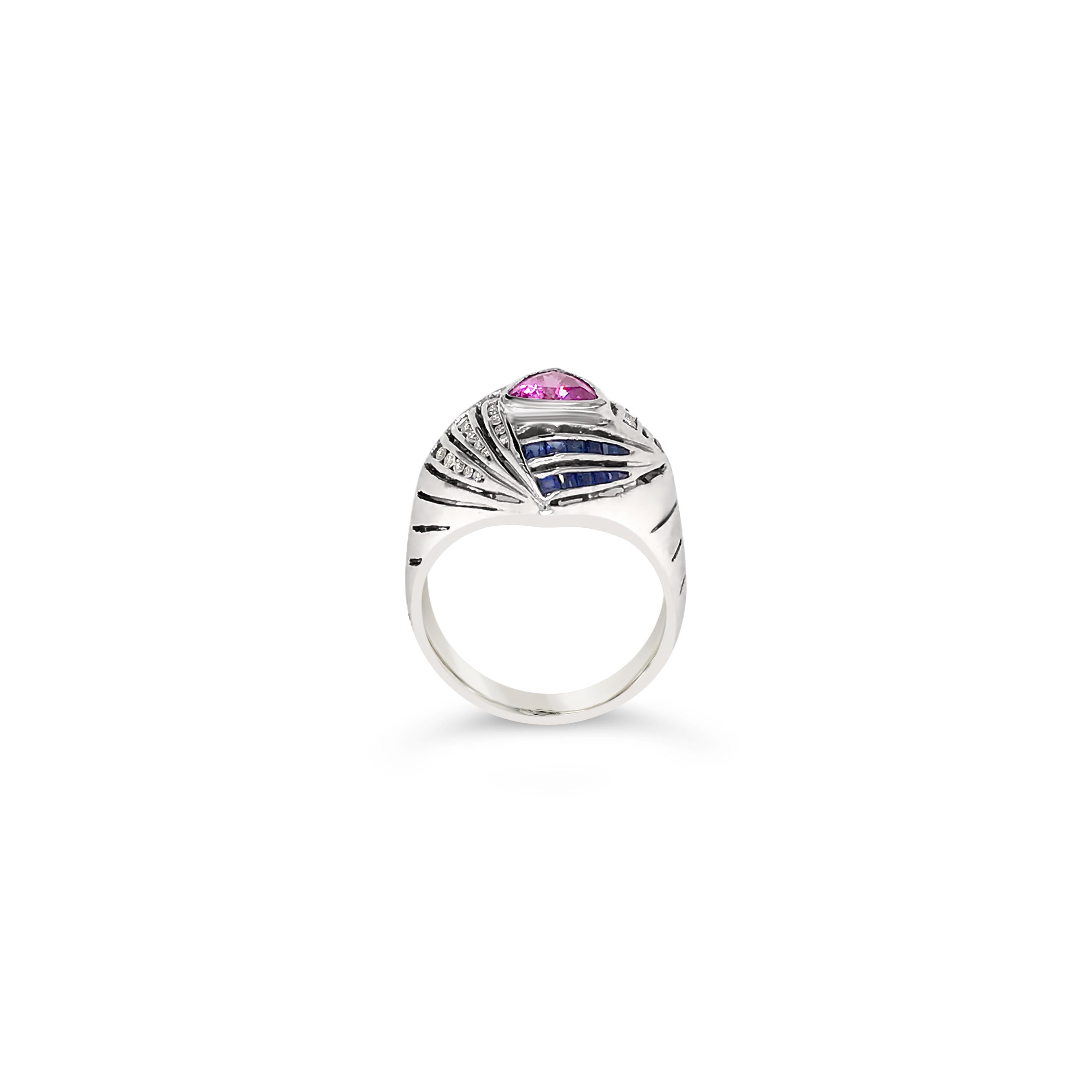 LeVian 18K White Gold Pink Blue Sapphire Round Diamond Cocktail Bezel Ring In New Condition For Sale In Great Neck, NY