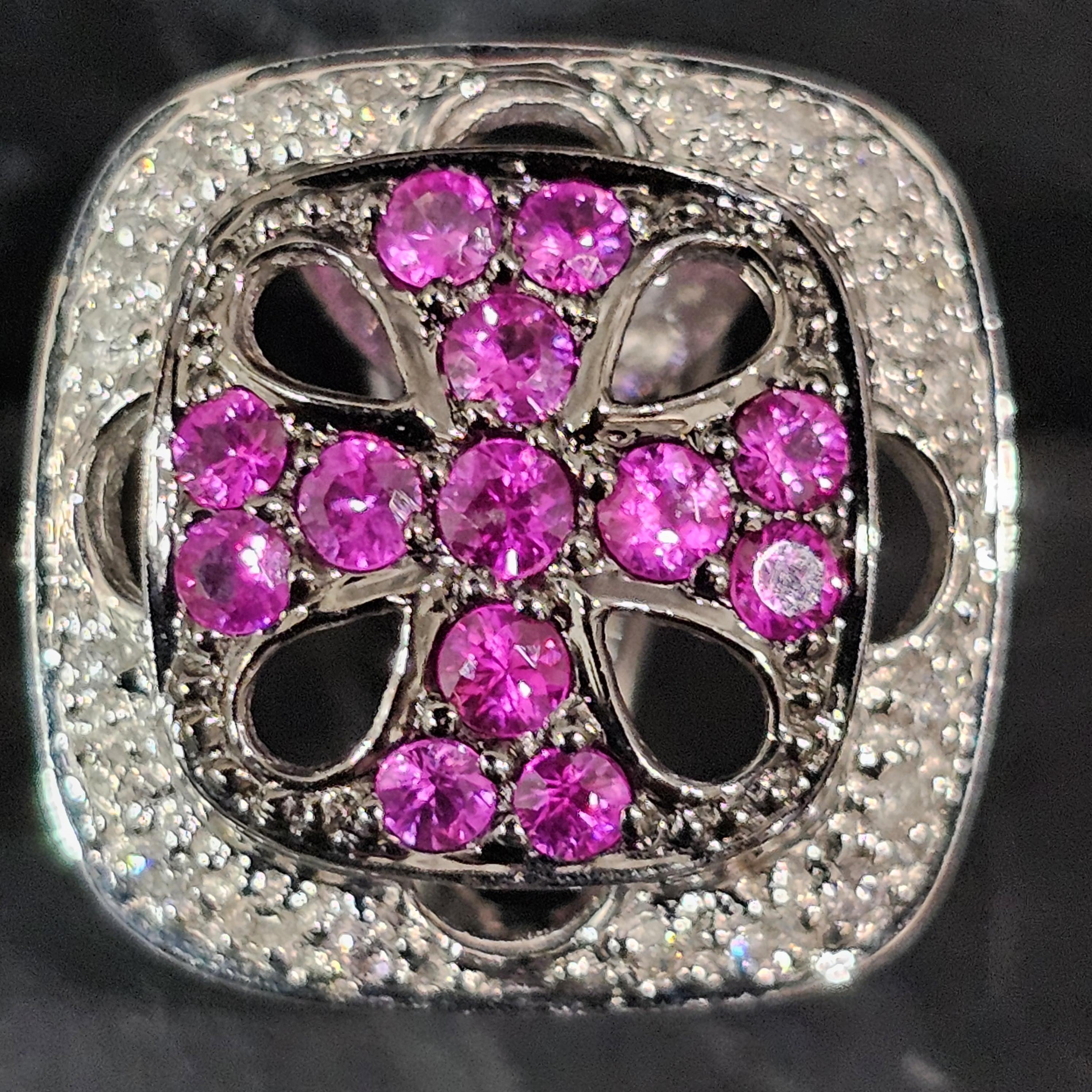 Round Cut Levian 18k White Gold Pink Sapphire Diamond Cross Shield Earrings For Sale