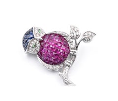 Levian 18 Karat White Gold Sapphire, Ruby, Diamond, and Garnet Owl Pin