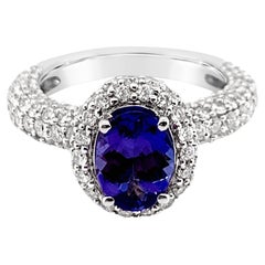 18 Karat Weißgold Tansanit Runder Diamant Klassischer Hübscher Halo Cocktail-Ring